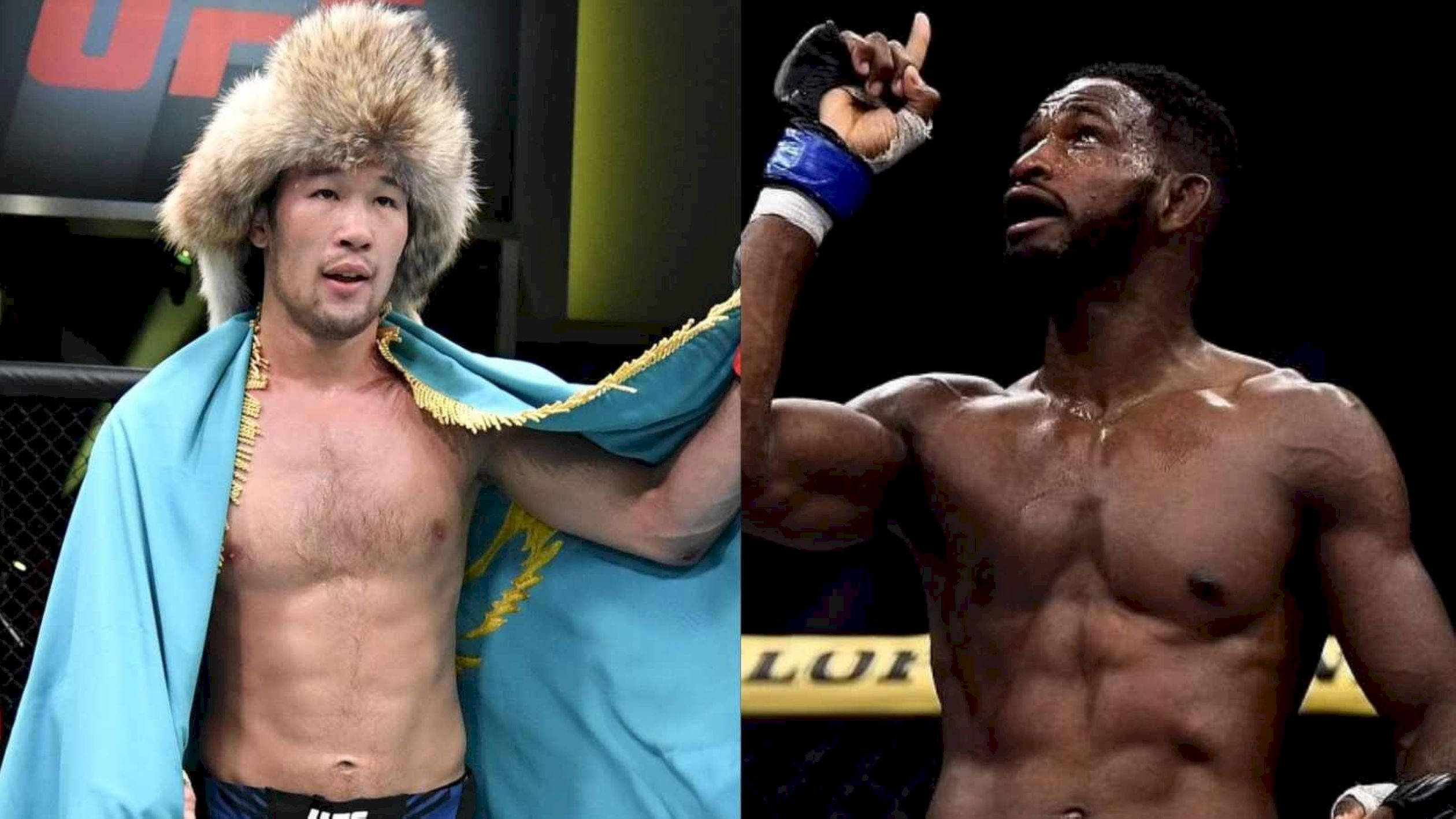 UFC 桌布 壁紙 — 兩名UFC拳手賽後慶祝，一人戴著毛帽和國旗，另一人舉起拳頭慶祝勝利。