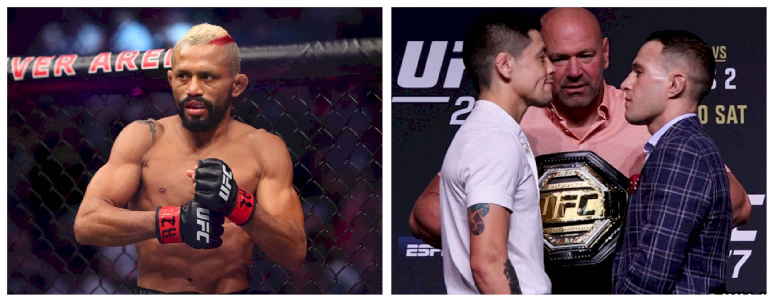 UFC 桌布 壁紙 — 兩名UFC拳手身穿八角籠裝備，在明亮的場館燈光下對峙，裁判手持冠軍腰帶。
