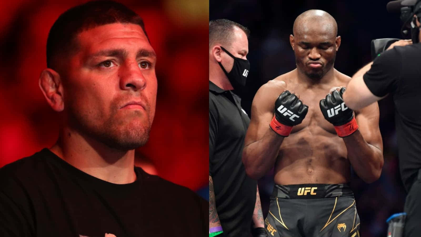 UFC 桌布 壁紙 — 兩名UFC拳手身穿戰鬥裝備，一人穿黑色上衣表情專注，另一人以手套和短褲擺出戰鬥姿勢。