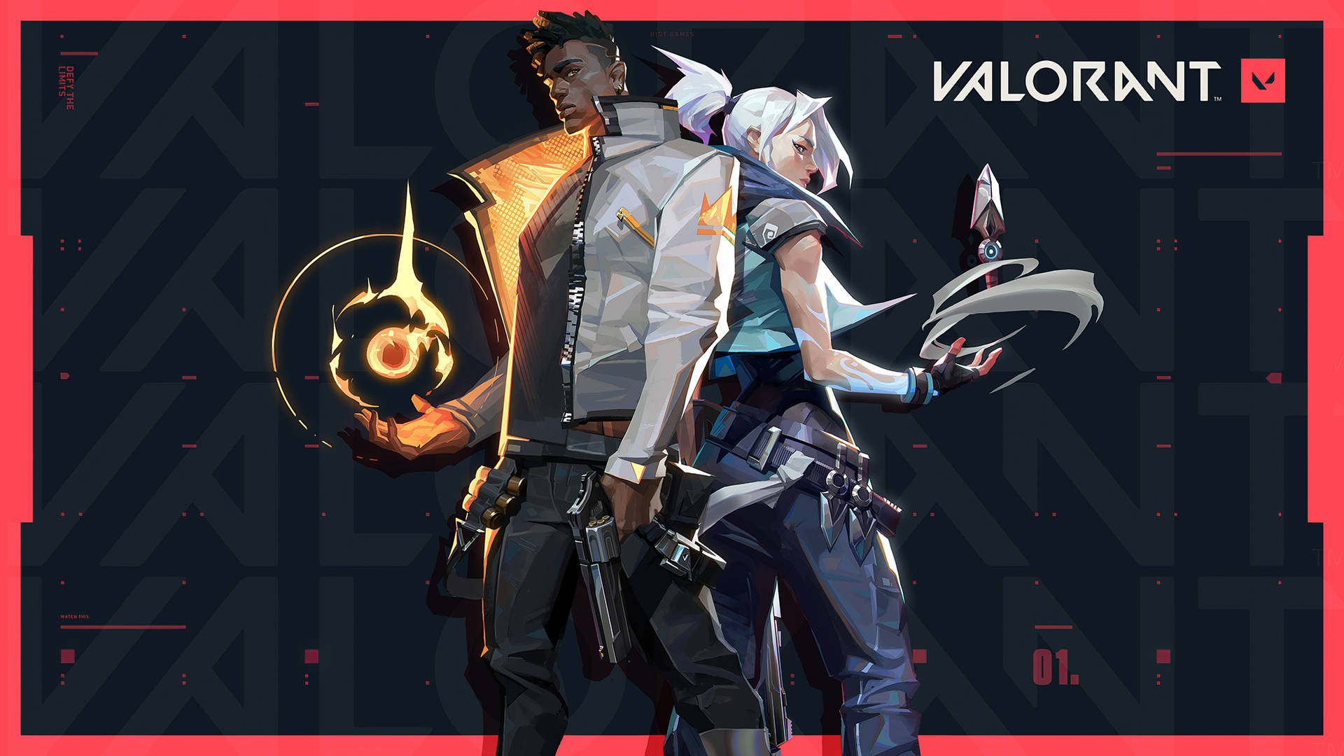 電玩遊戲 桌布 壁紙 — 兩名Valorant特工手持發光武器，站在紅色邊框的深色幾何背景前，蓄勢待發。