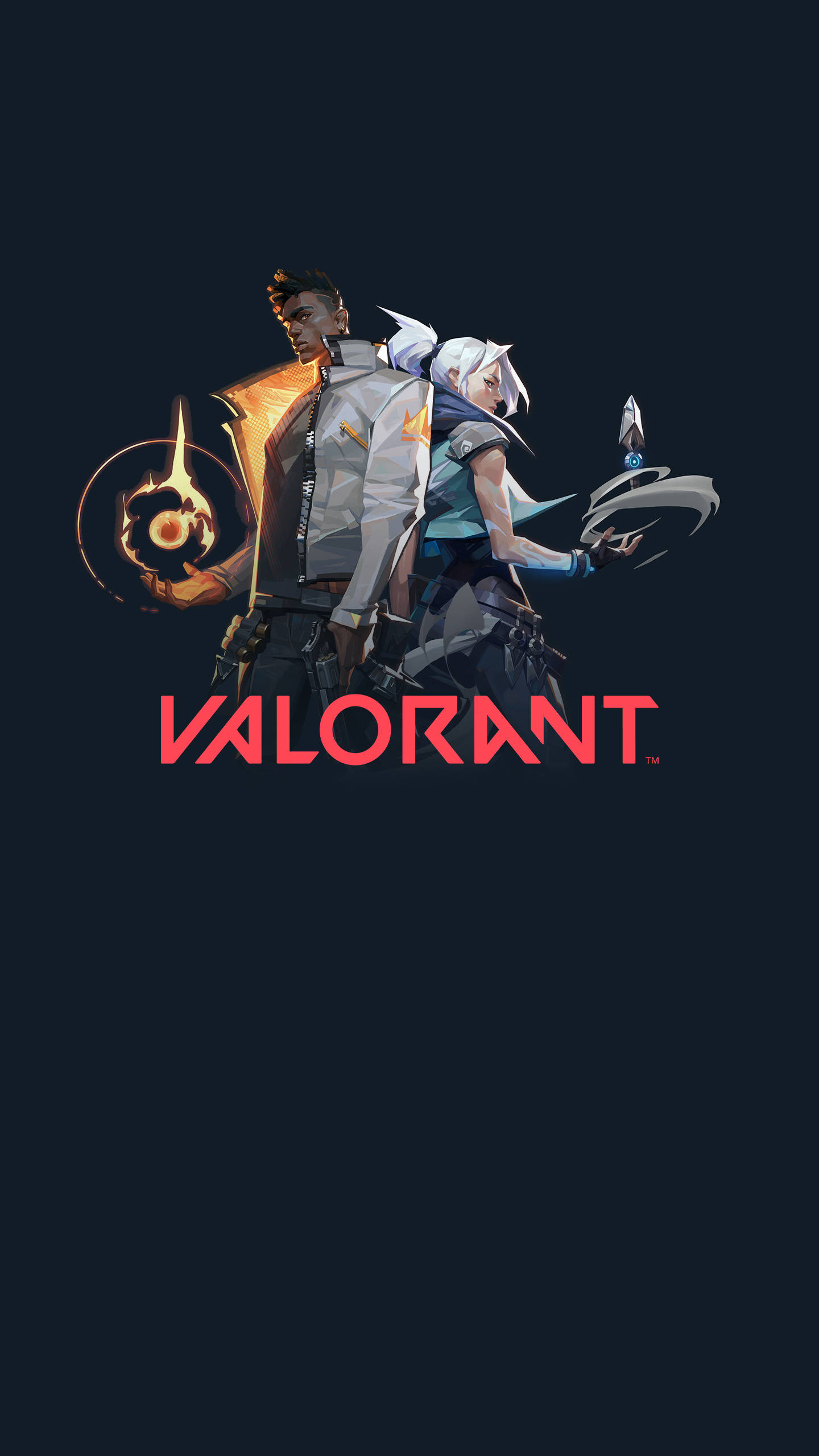 Valorant iPhone 壁紙 桌布 壁紙 — 兩名Valorant特工背光站在深色背景前，手持發光武器，下方有紅色標誌。