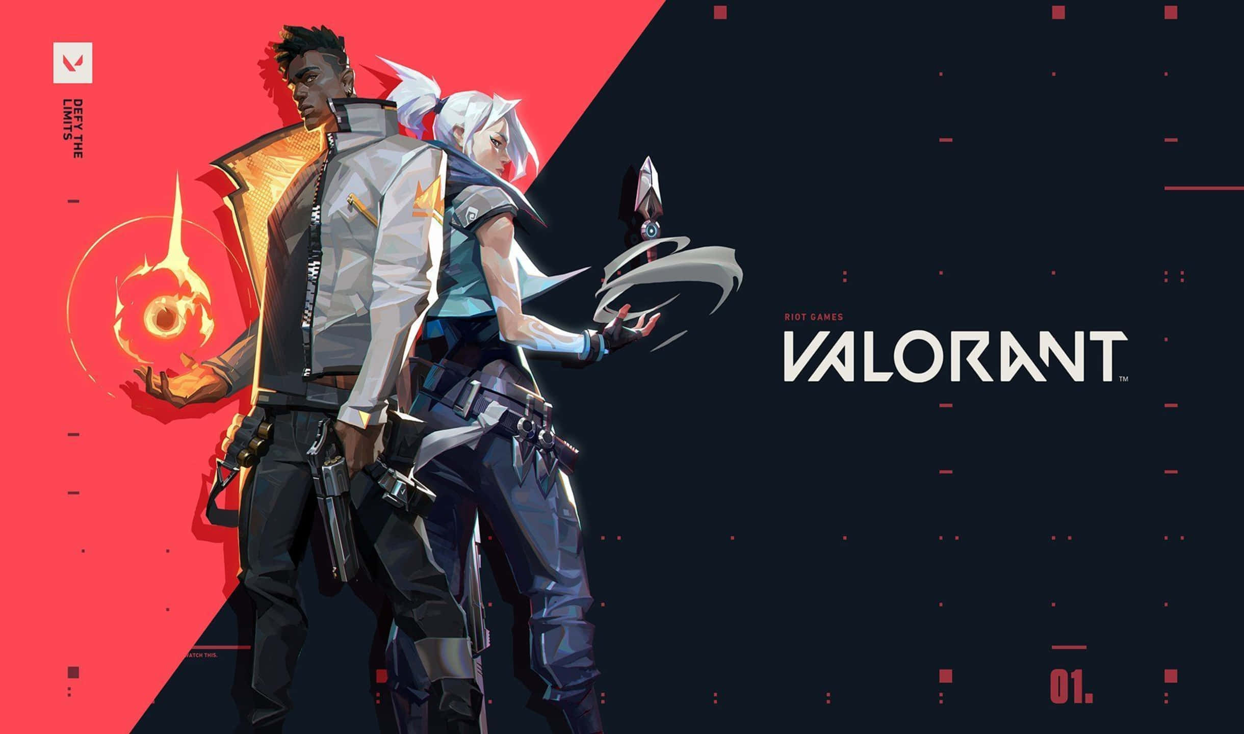 電玩遊戲 桌布 壁紙 — 兩名Valorant特工背對背站立，一人揮舞火焰，另一人揮舞刀刃，背景為紅色和黑色的數位背景。