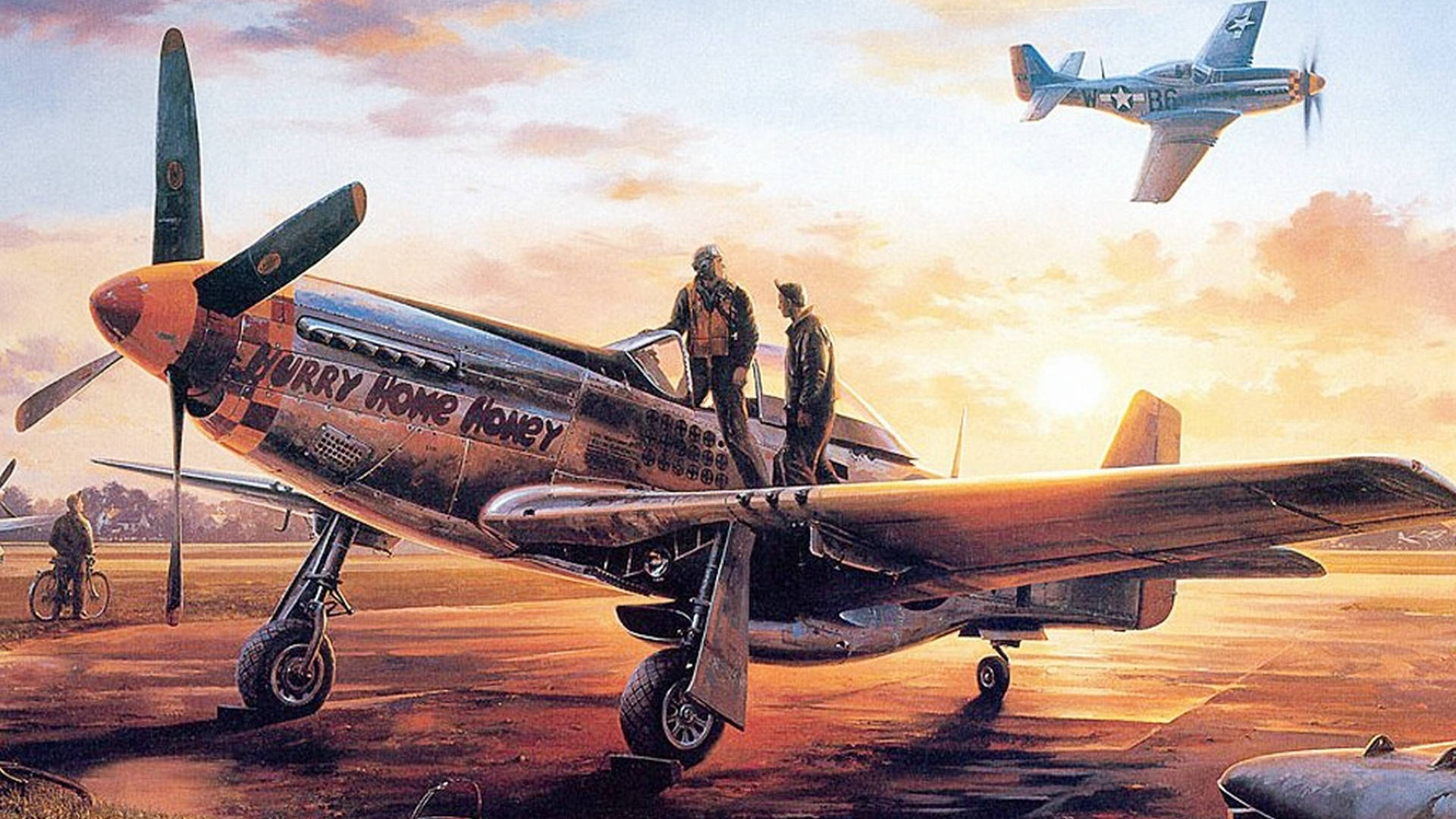 American 桌布 壁紙 — 兩名二戰戰鬥機飛行員站在一架名為「Hurry Home Honey」的復古P-51野馬戰鬥機上，另一架飛機在日落時分從頭頂飛過。