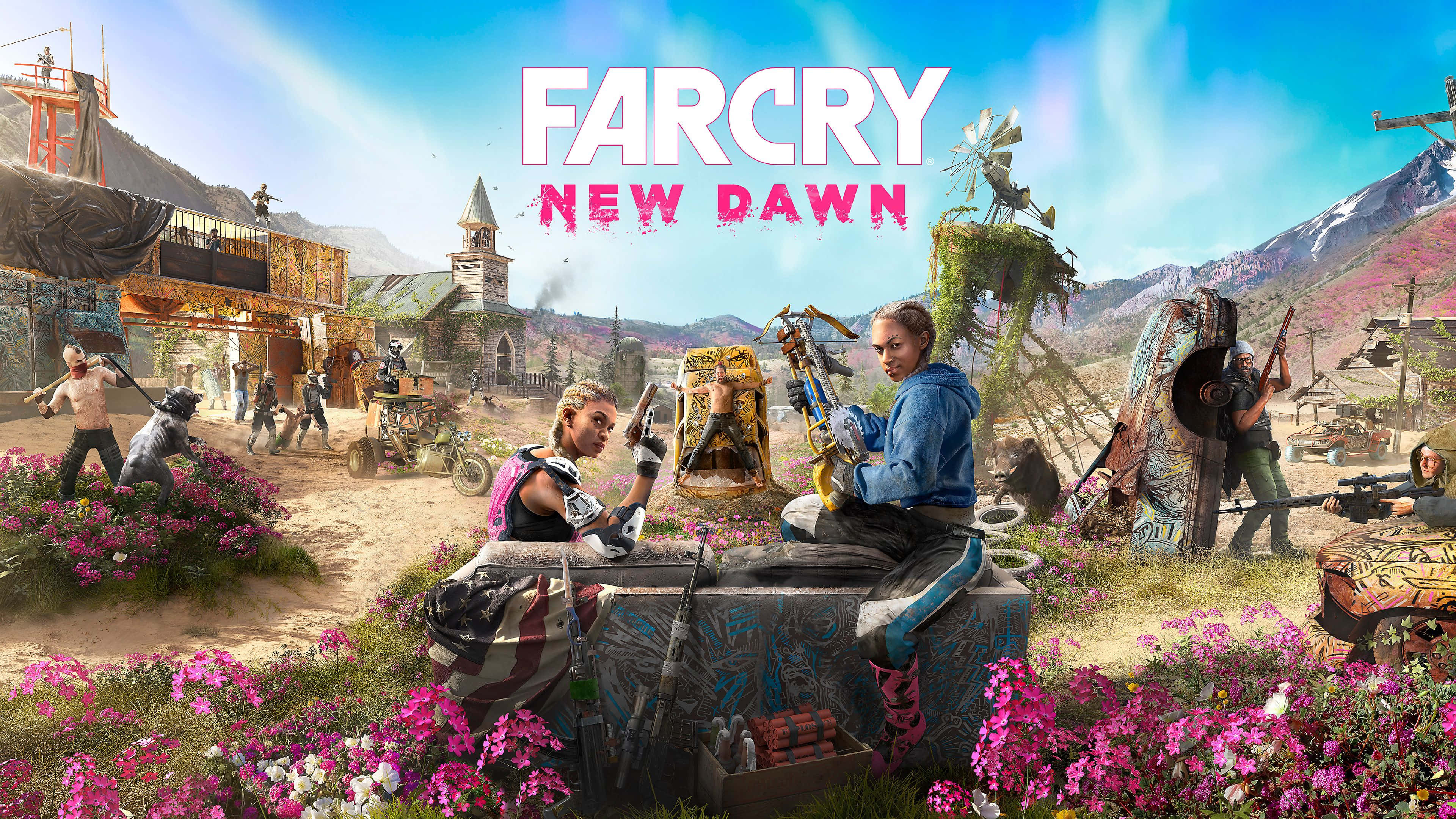 Far Cry New Dawn 桌布 壁紙 — 兩名倖存者在後末日荒原中，在鮮豔的粉紅花朵和崎嶇山脈之間保衛一個臨時基地。
