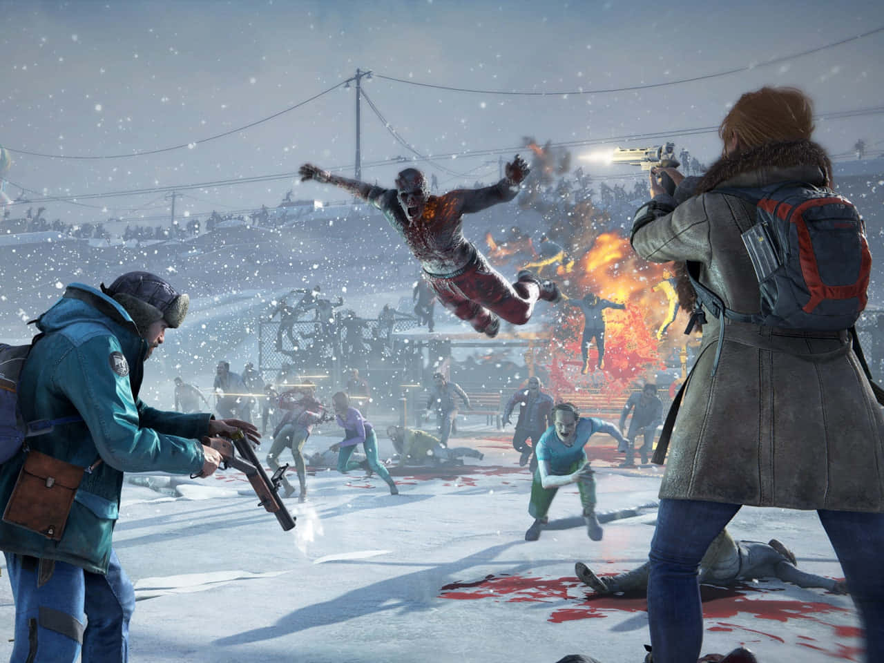 2 Player Games 桌布 壁紙 — 兩名倖存者在白雪覆蓋的城市廢墟中，向空中和地面的殭屍開火，現場有血跡和爆炸。