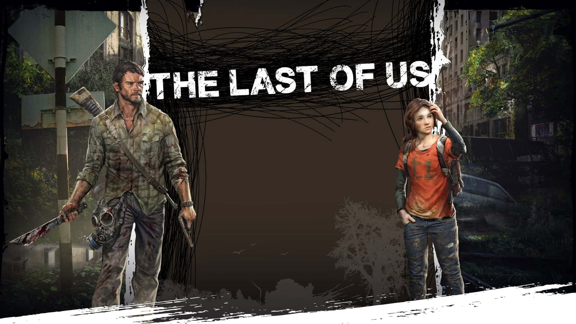 兩名武裝倖存者在廢墟般的城市街道上，帶有「The Last of Us」標題。 — 最後生還者 GIF 壁紙