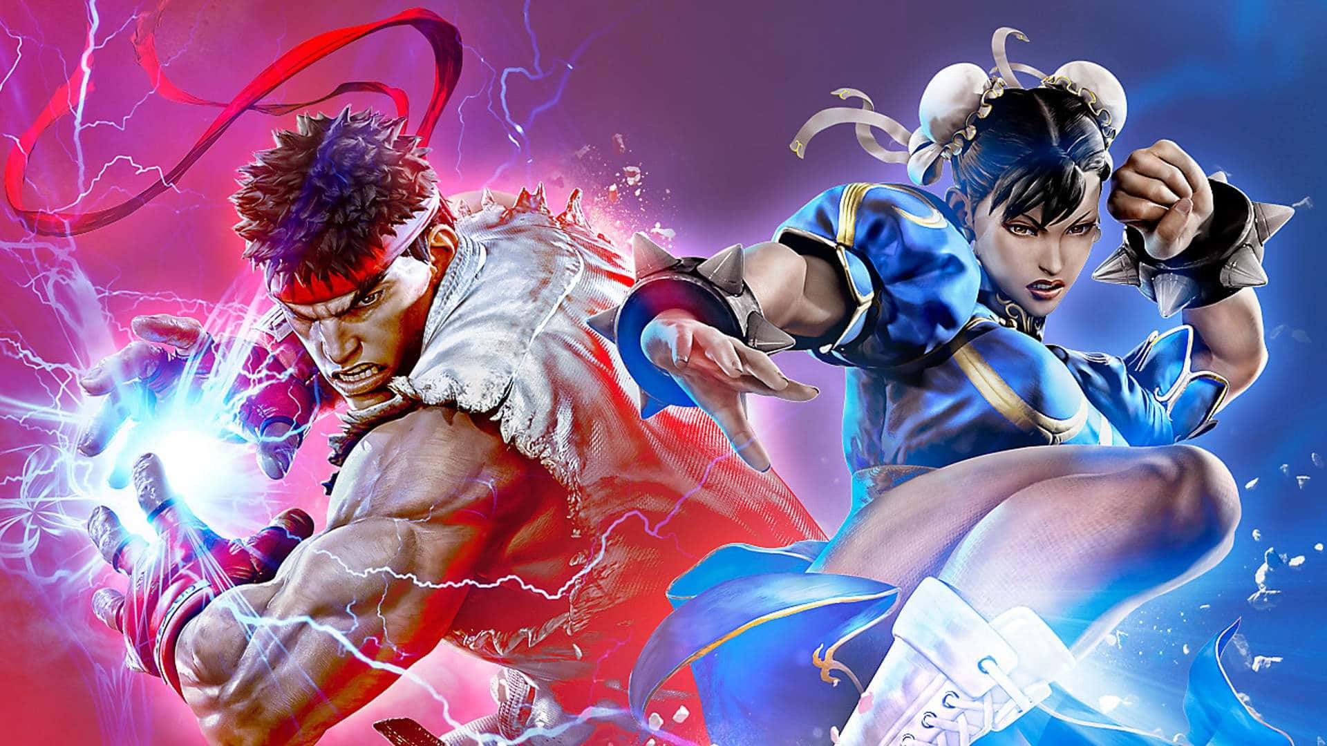 Street Fighter Characters 桌布 壁紙 — 兩名兇猛的戰士在一場充滿電能和動態動作的動漫風格戰鬥中激烈交鋒。