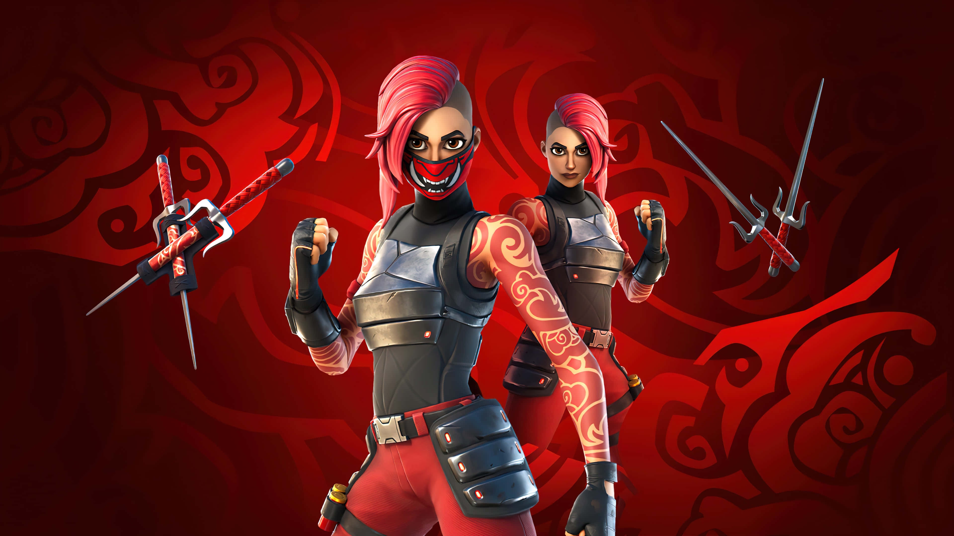 Fortnite Manic Skin 桌布 壁紙 — 兩名兇猛的紅髮忍者戰士身穿黑色盔甲，手持利劍，準備好對抗旋轉的紅色圖案背景。