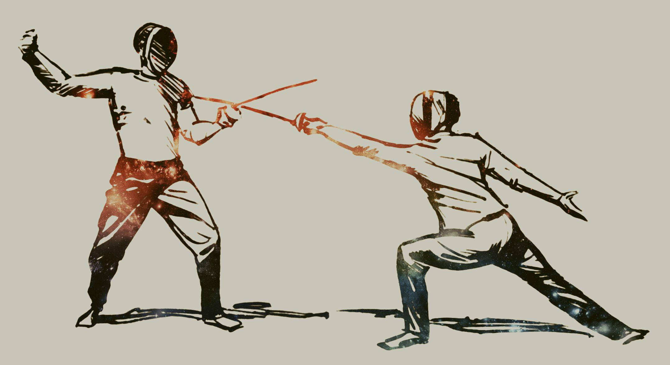 Fencing 桌布 壁紙 — 兩名全副武裝的劍擊手在動態插圖決鬥中交劍，身體上帶有宇宙星場點綴。