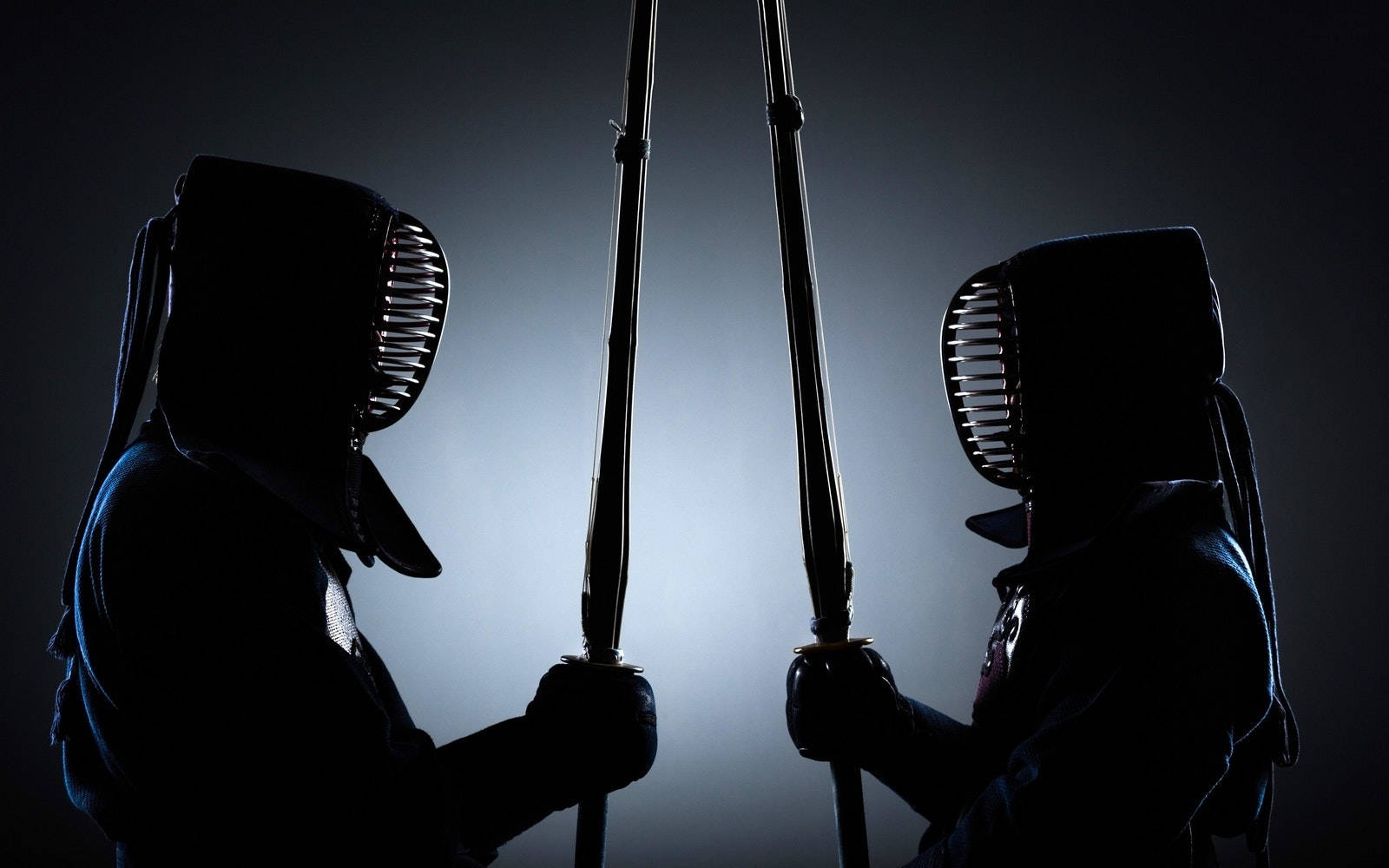 sword 桌布 壁紙 — 兩名全副武裝的劍道戰士以剪影姿態站立在漸變背景前，刀刃高舉，形成緊張的對峙。