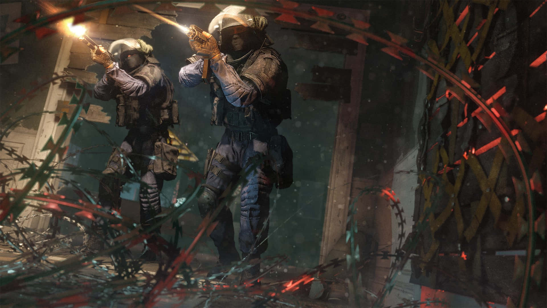 Rainbow Six Siege Doc 桌布 壁紙 — 兩名全副武裝的戰術士兵在充滿碎片的城市廢墟中前進，周圍有發光的紅色鐵絲網。