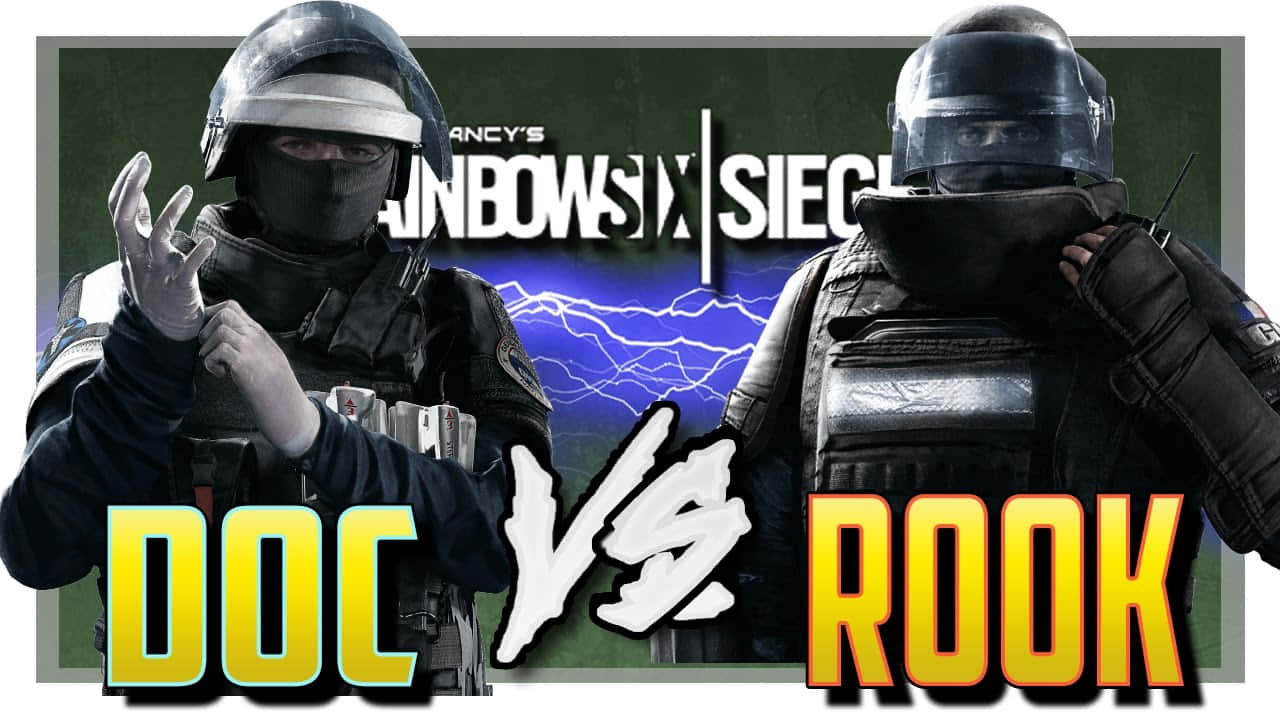 Rainbow Six Siege Doc 桌布 壁紙 — 兩名全副武裝的戰術幹員在《Rainbow Six Siege》的暴風雨背景下對峙，帶有「DOC vs ROOK」字樣。