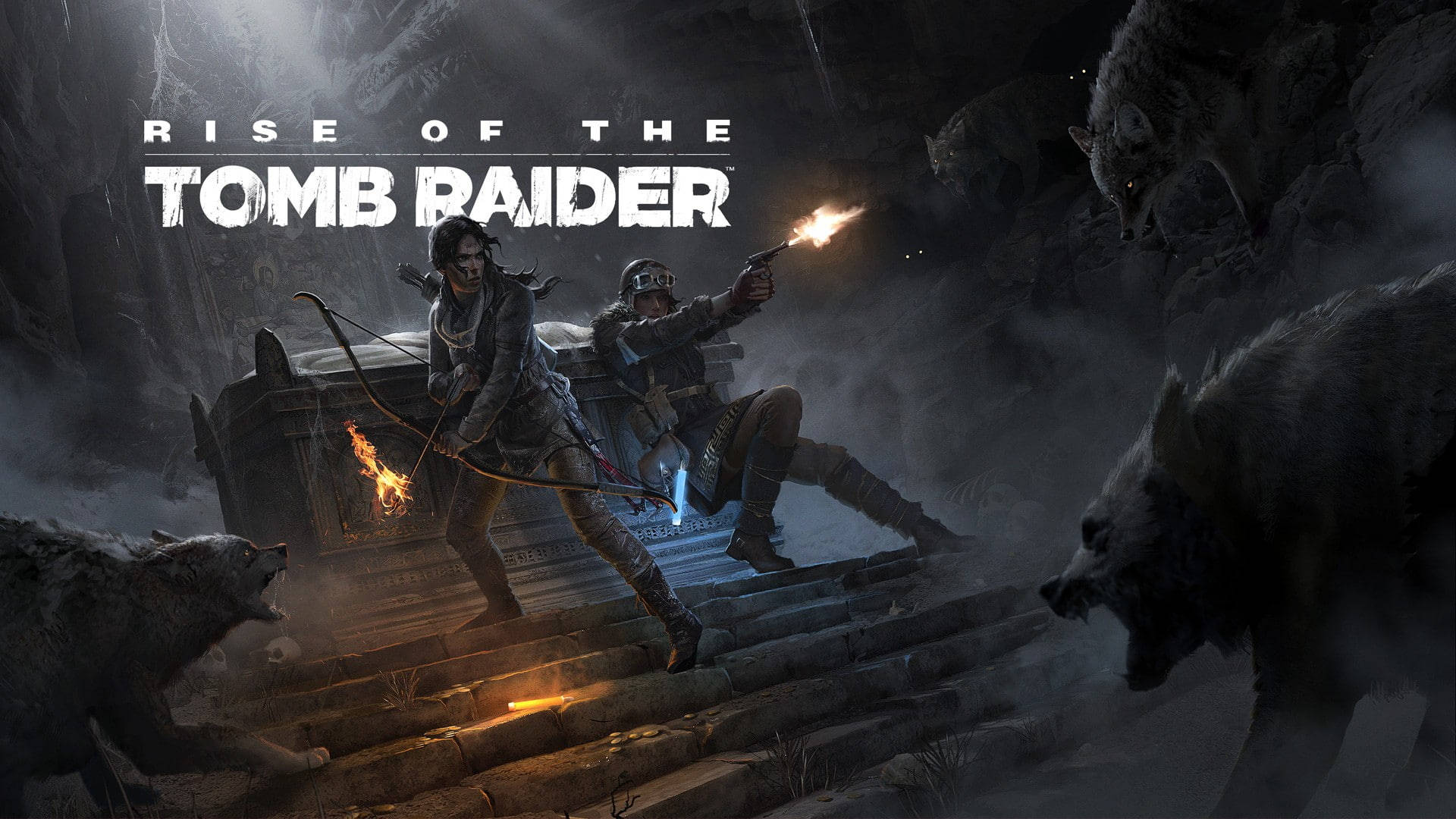 Rise Of The Tomb Raider 桌布 壁紙 — 兩名冒險者在黑暗霧氣瀰漫的墳墓中與兇猛的狼群搏鬥，火炬光芒投射出戲劇性的陰影。