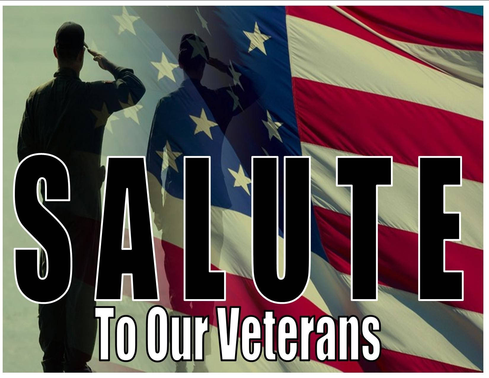 Veterans 桌布 壁紙 — 兩名剪影士兵向飄揚的美國國旗敬禮，並有粗體文字寫著向我們的退伍軍人致敬。