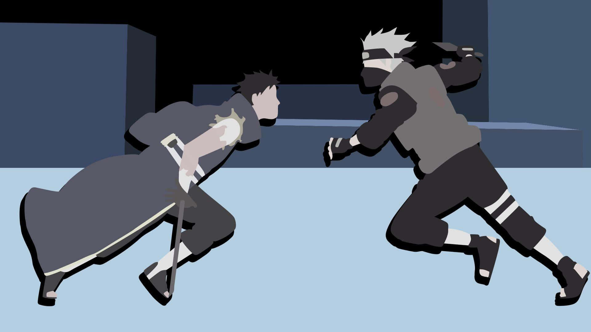 Kakashi And Tobi 桌布 壁紙 — 兩名動漫忍者以極簡風格戰鬥，帶有鮮明陰影和柔和的藍灰色調。