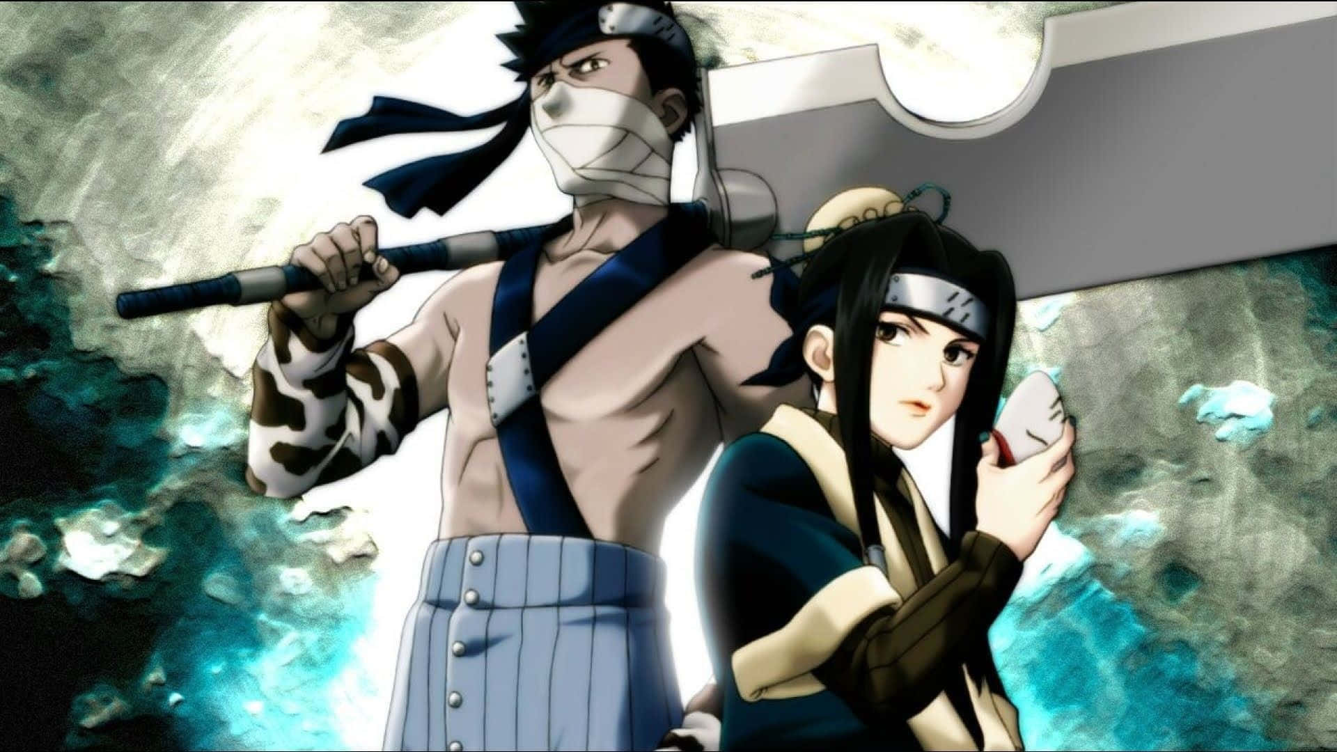 Naruto Haku 桌布 壁紙 — 兩名動漫忍者戰士在動態戰鬥場景中準備就緒，身後有發光的藍色能量和破碎的石頭。