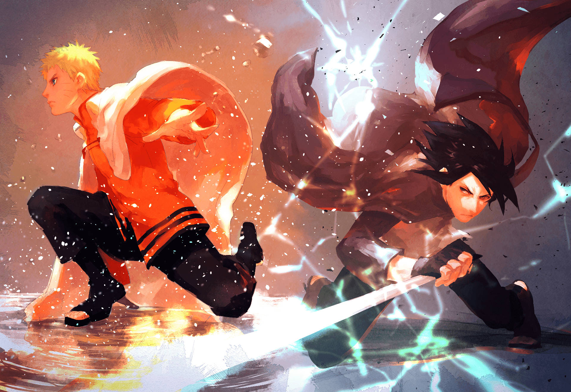 Naruto And Sasuke 桌布 壁紙 — 兩名動漫戰士在動態戰鬥中碰撞，熾熱的橙色查克拉和電光藍色能量火花在他們周圍飛舞。