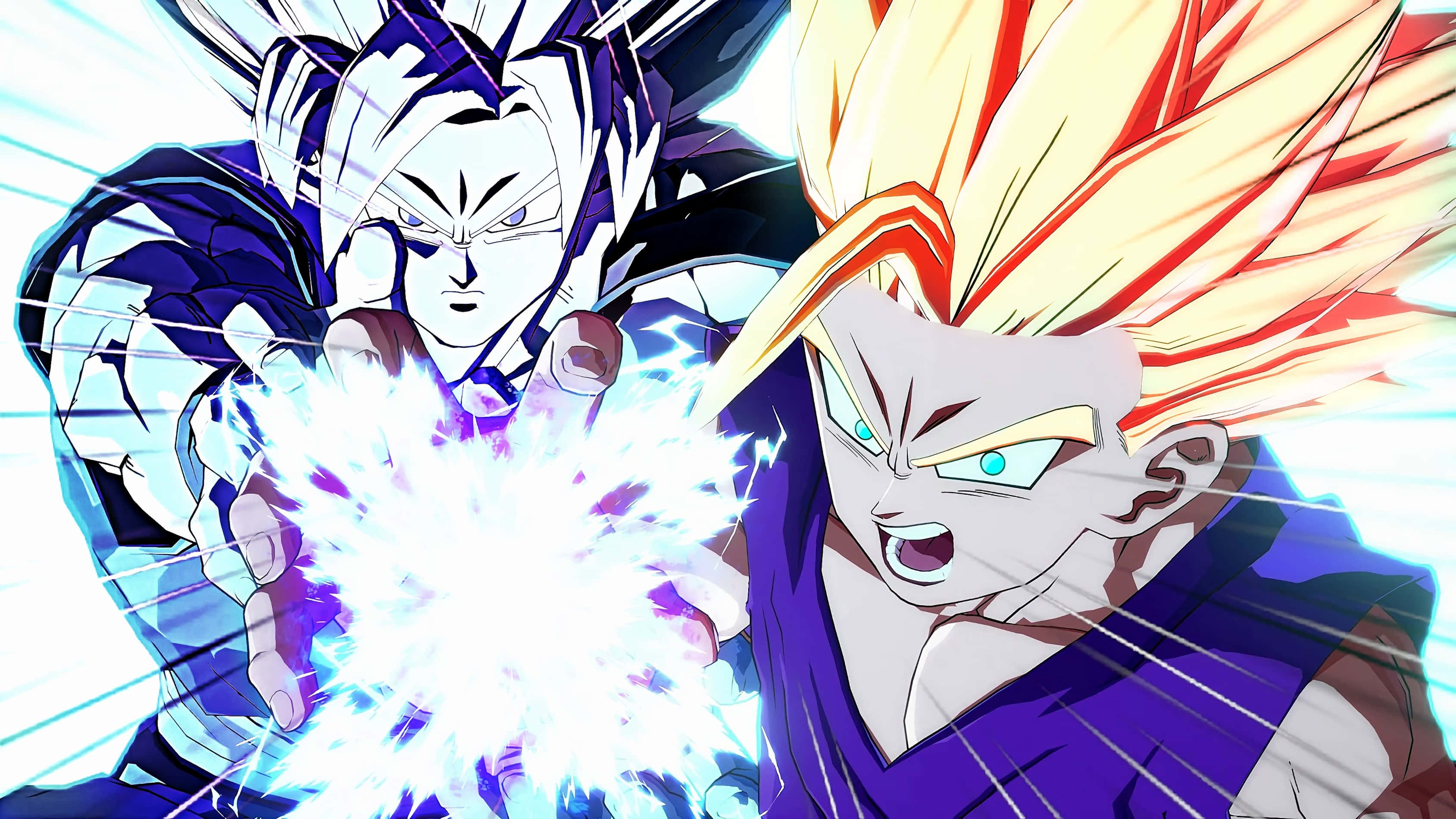 Teen Gohan 桌布 壁紙 — 兩名動漫戰士在明亮的條紋背景前，帶著強烈的表情和尖刺的頭髮釋放出發光的能量爆炸。