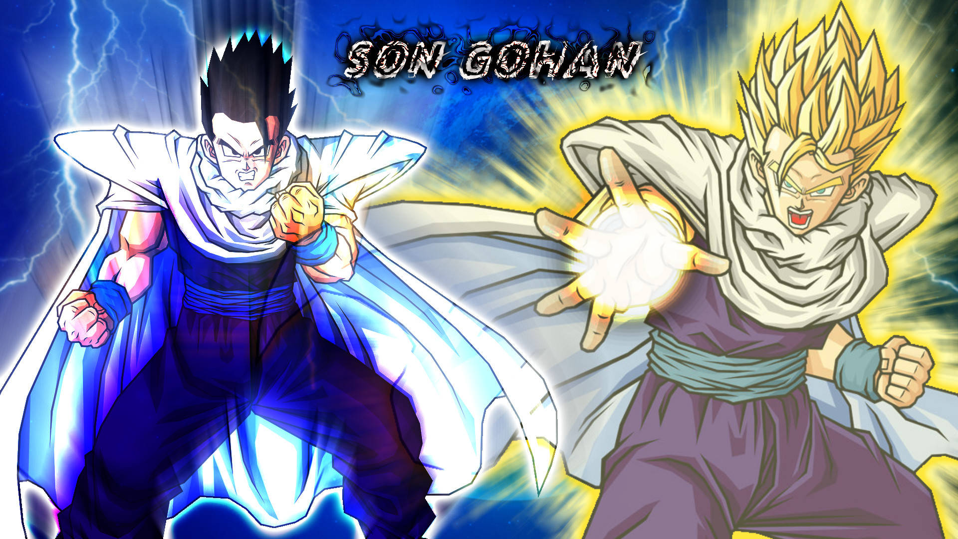 Gohan 桌布 壁紙 — 兩名動漫戰士在暴風雨般的藍黃背景下，以發光的能量拳頭交鋒。