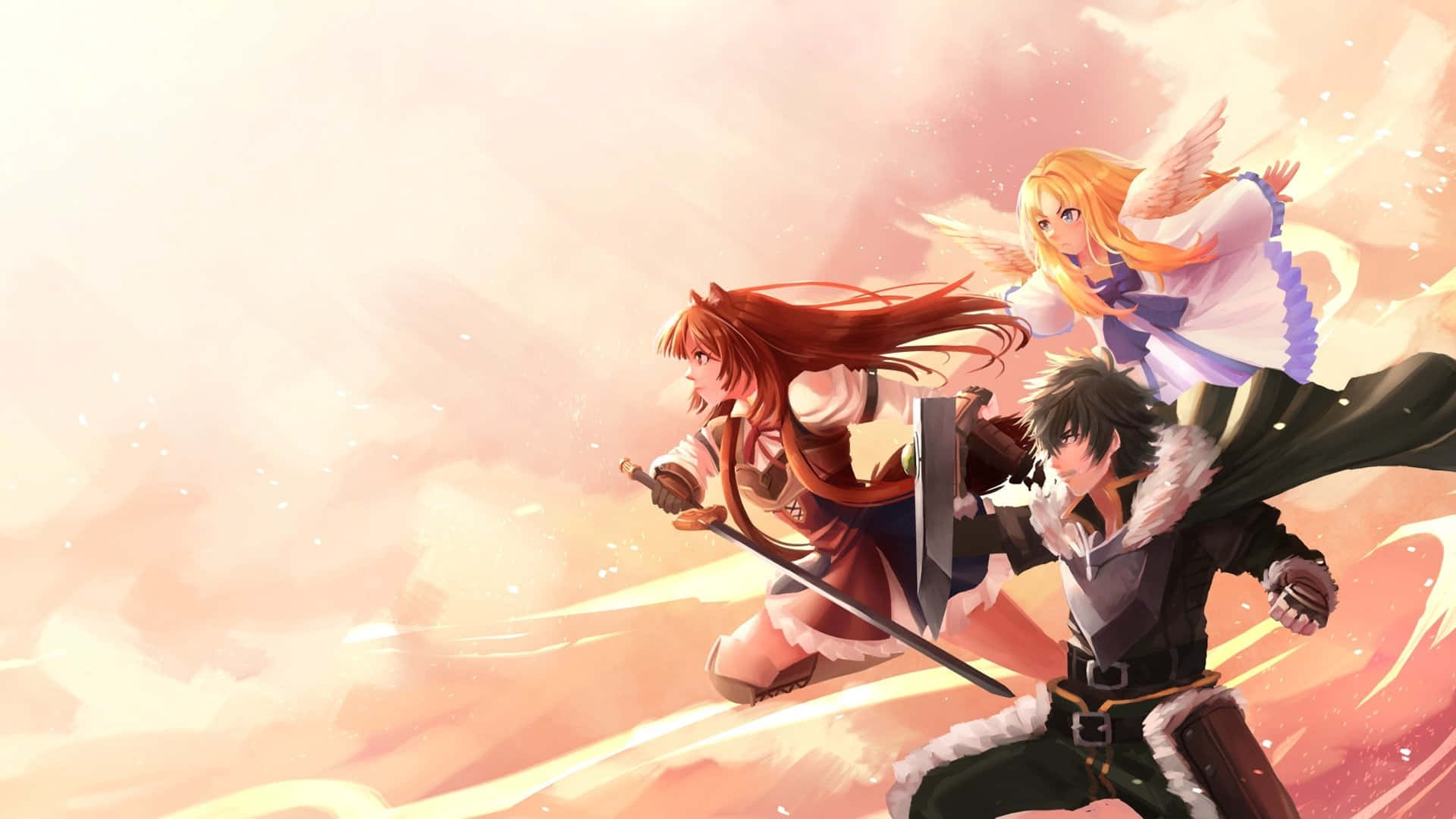 Shield Hero 桌布 壁紙 — 兩名動漫戰士拔劍向前衝刺，一名有翼少女漂浮在他們身後，背景是發光的桃色天空。