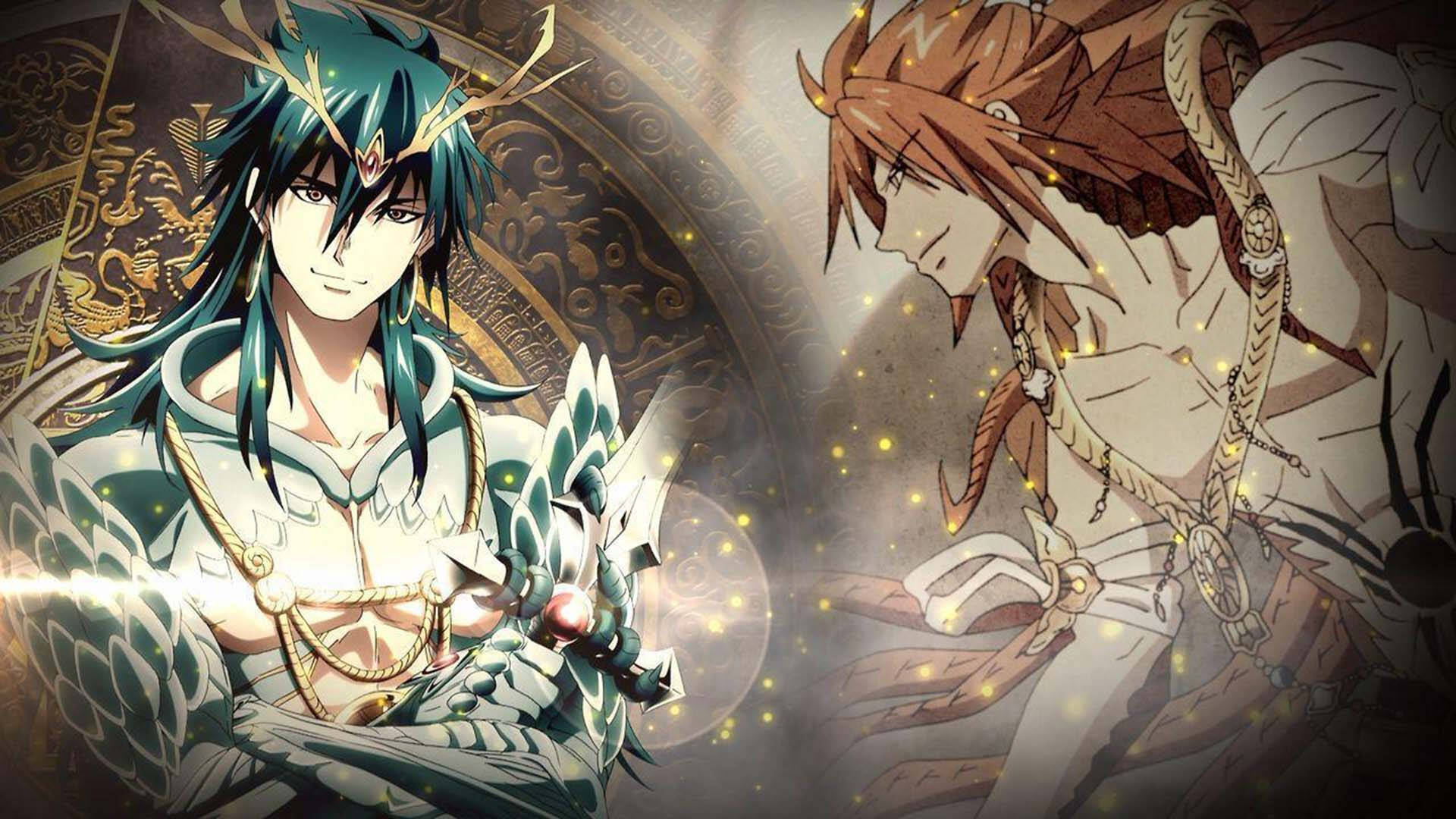 magi the kingdom of magic 桌布 壁紙 — 兩名動漫戰士身穿華麗盔甲，背後有發光效果和複雜的金色圖案對峙。