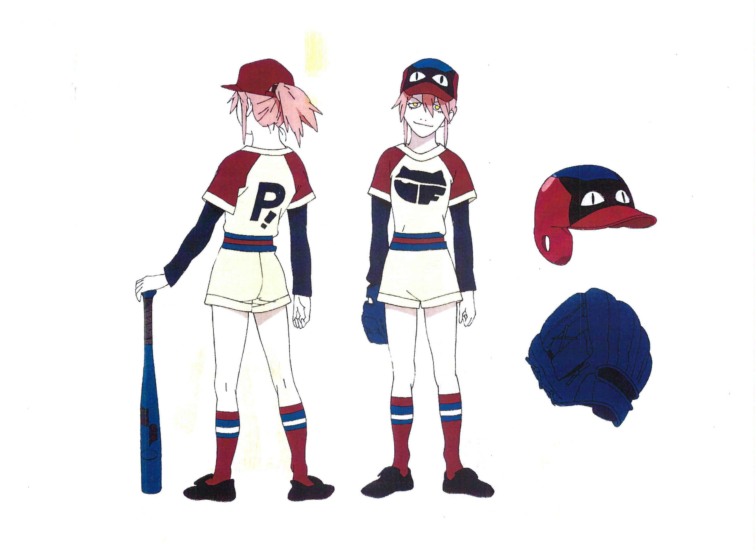 FLCL 桌布 壁紙 — 兩名動漫棒球運動員身穿紅白藍制服，在純白色背景前擺姿勢，配備裝備。