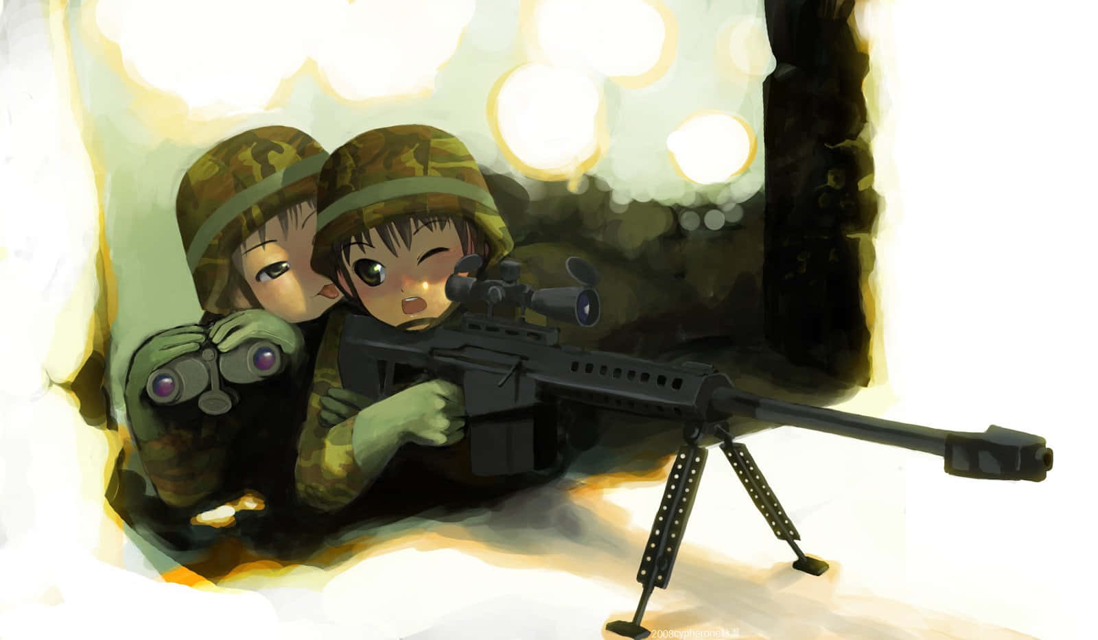動漫 桌布 壁紙 — 兩名動漫風格士兵身穿迷彩裝備蹲在掩體後，一人瞄準狙擊步槍，另一人則在溫暖燈光下透過望遠鏡窺視。