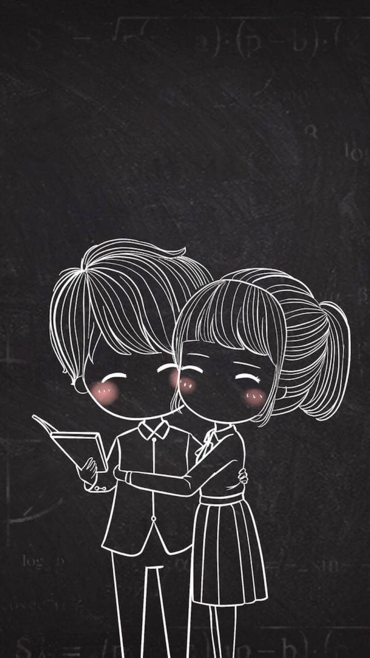 Love Drawings 桌布 壁紙 — 兩名動漫風格的學生穿著校服，在充滿數學方程式的黑板前熱情擁抱。