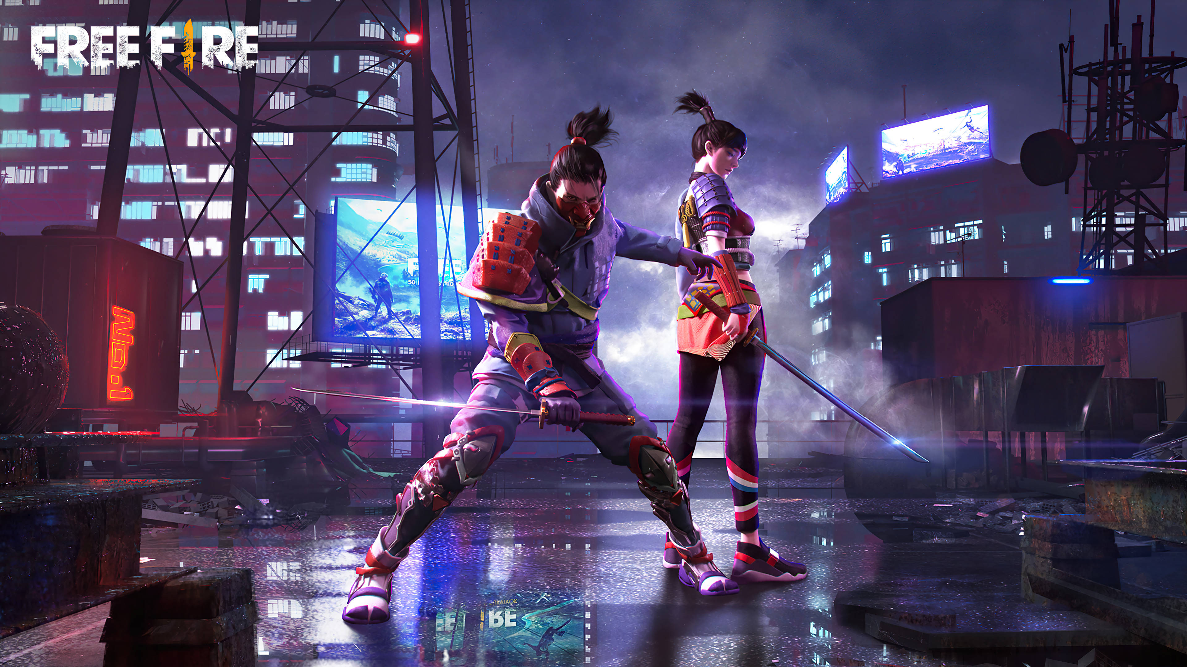 free fire bundle 桌布 壁紙 — 兩名動漫風格的戰士身穿鮮豔盔甲，在夜晚霓虹燈閃爍的城市屋頂上手持發光劍蓄勢待發。