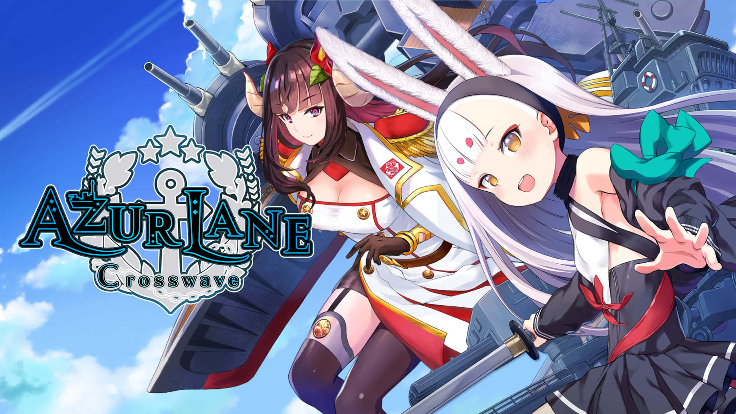 poster 桌布 壁紙 — 兩名動漫風格的海軍制服少女在明亮的藍天、軍艦剪影和Azur Lane標誌下動態擺姿勢。