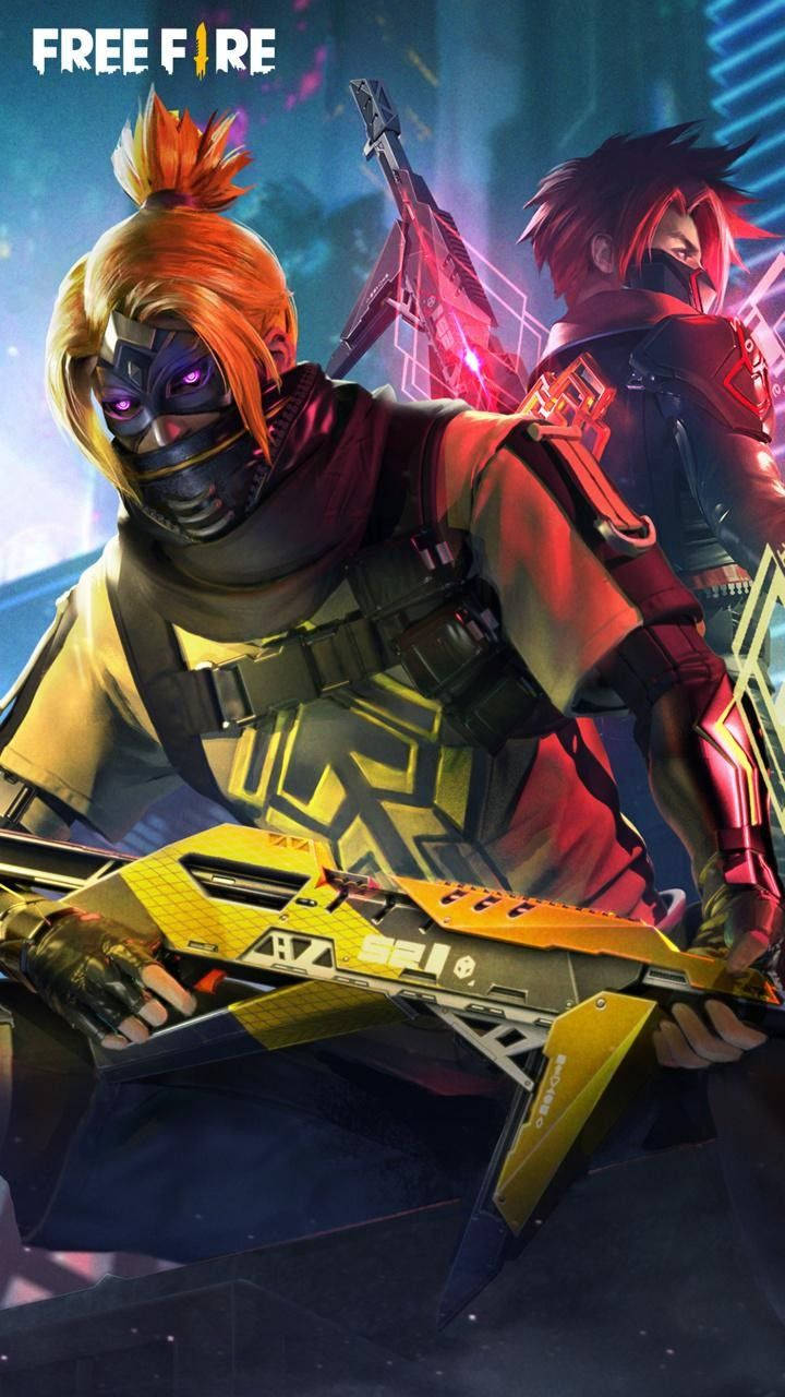 game 桌布 壁紙 — 兩名動漫風格的玩家身穿未來裝備，在霓虹燈光的 cyberpunk 背景下揮舞發光武器。