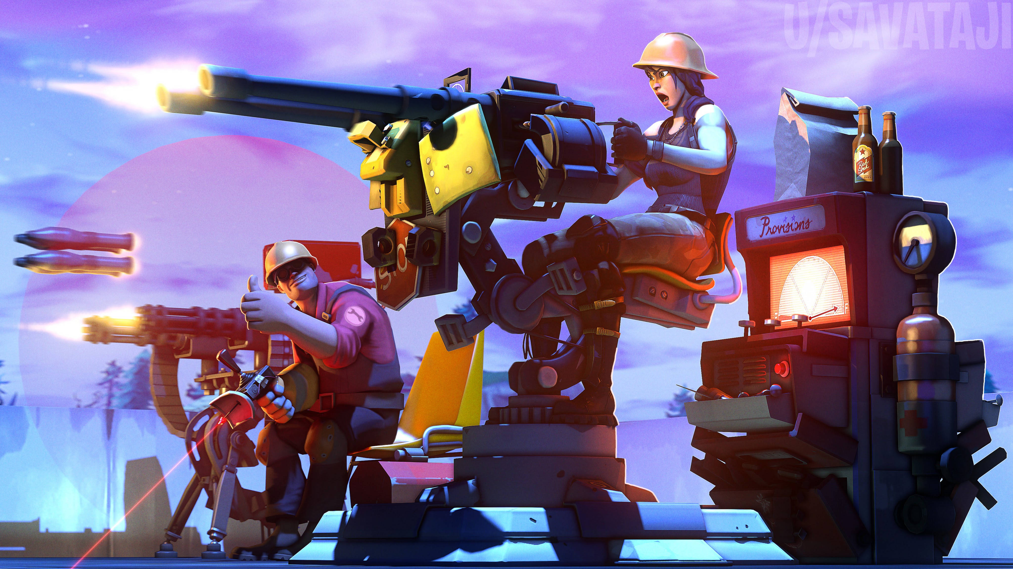 tf2 4K 桌布 壁紙 — 兩名動畫士兵操作重型火炮，對抗超現實的紫色日落天空，天空中有飛行的導彈。