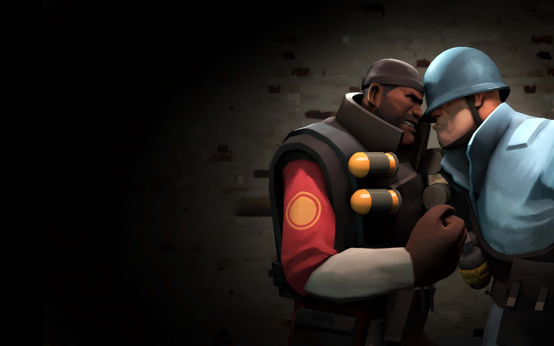 Tf2 桌布 壁紙 — 兩名動畫士兵身穿戰鬥裝備，在昏暗的磚牆房間中對峙，表情緊張。