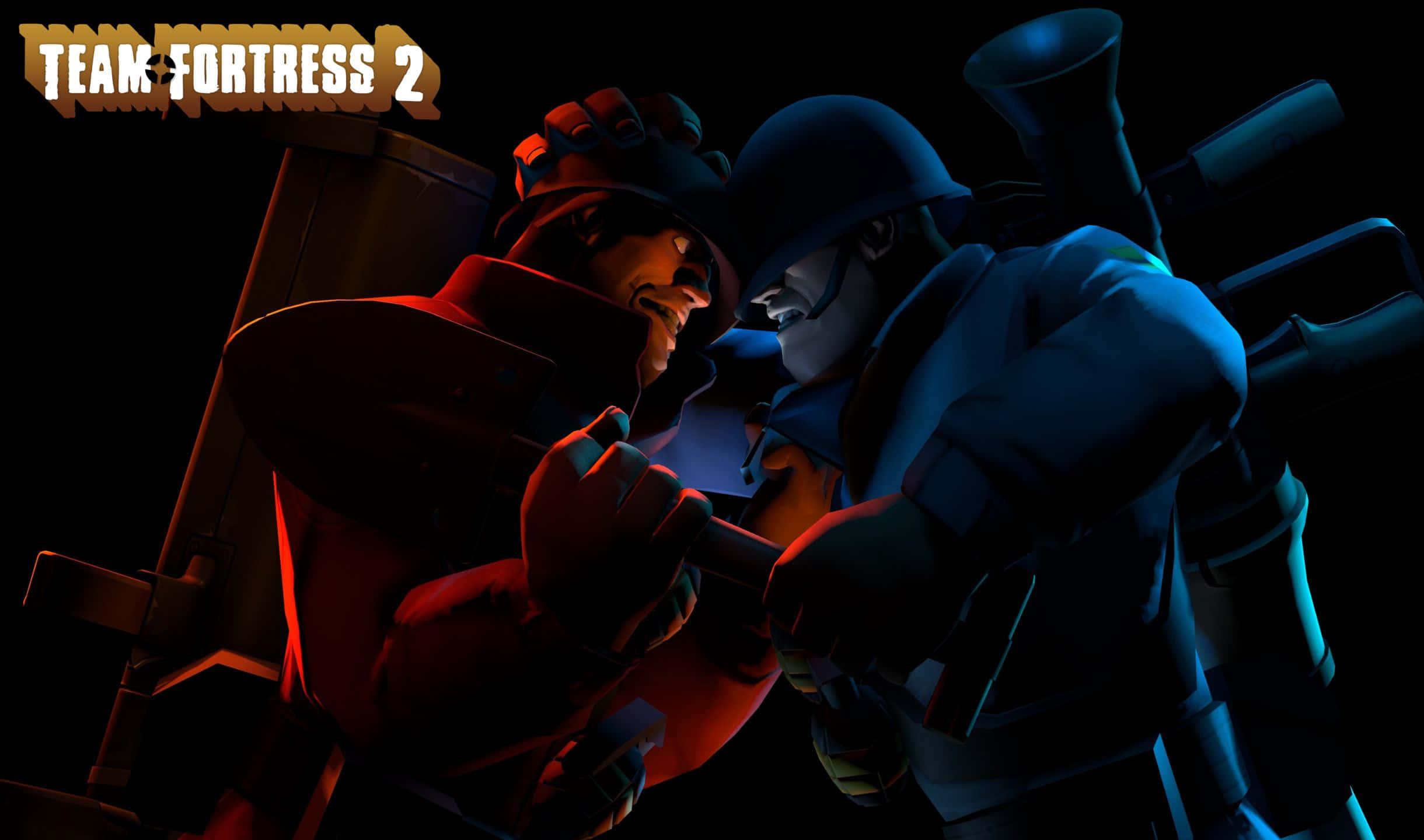 2440x1440 Tf2 桌布 壁紙 — 兩名動畫士兵身穿紅色和藍色戰鬥裝備，在黑暗、戲劇性的特寫中激烈搏鬥。