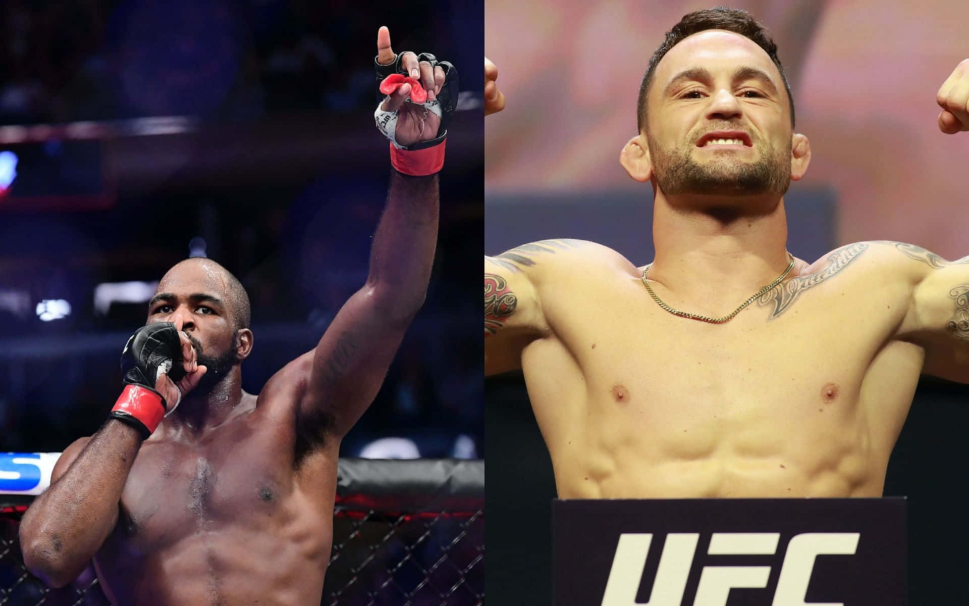 UFC 桌布 壁紙 — 兩名勝利的UFC拳手在八角籠中慶祝，一人舉起戴手套的拳頭，另一人展示刺青並彎曲手臂。
