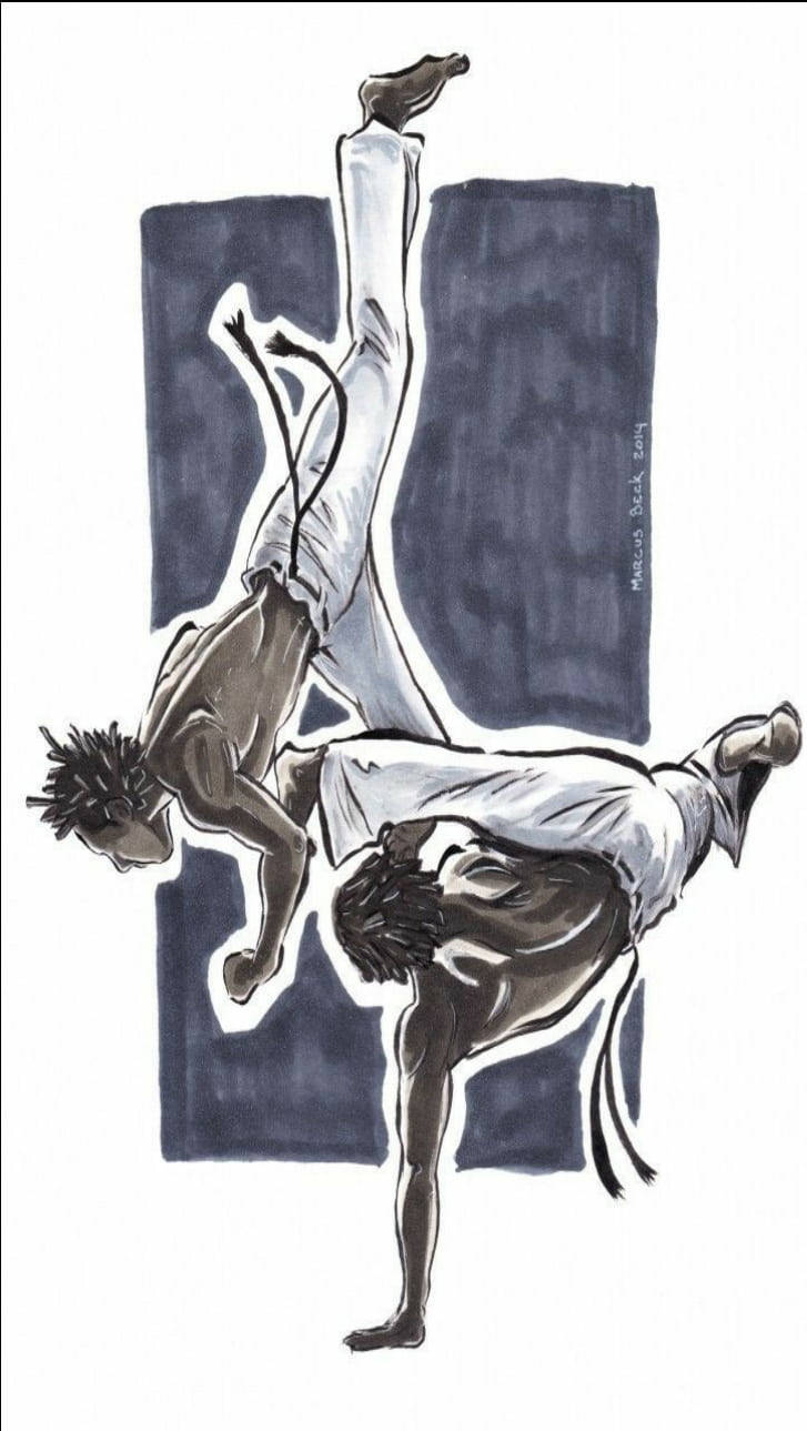 Dance 桌布 壁紙 — 兩名卡波耶拉戰士在深藍色背景上進行動態空中特技。