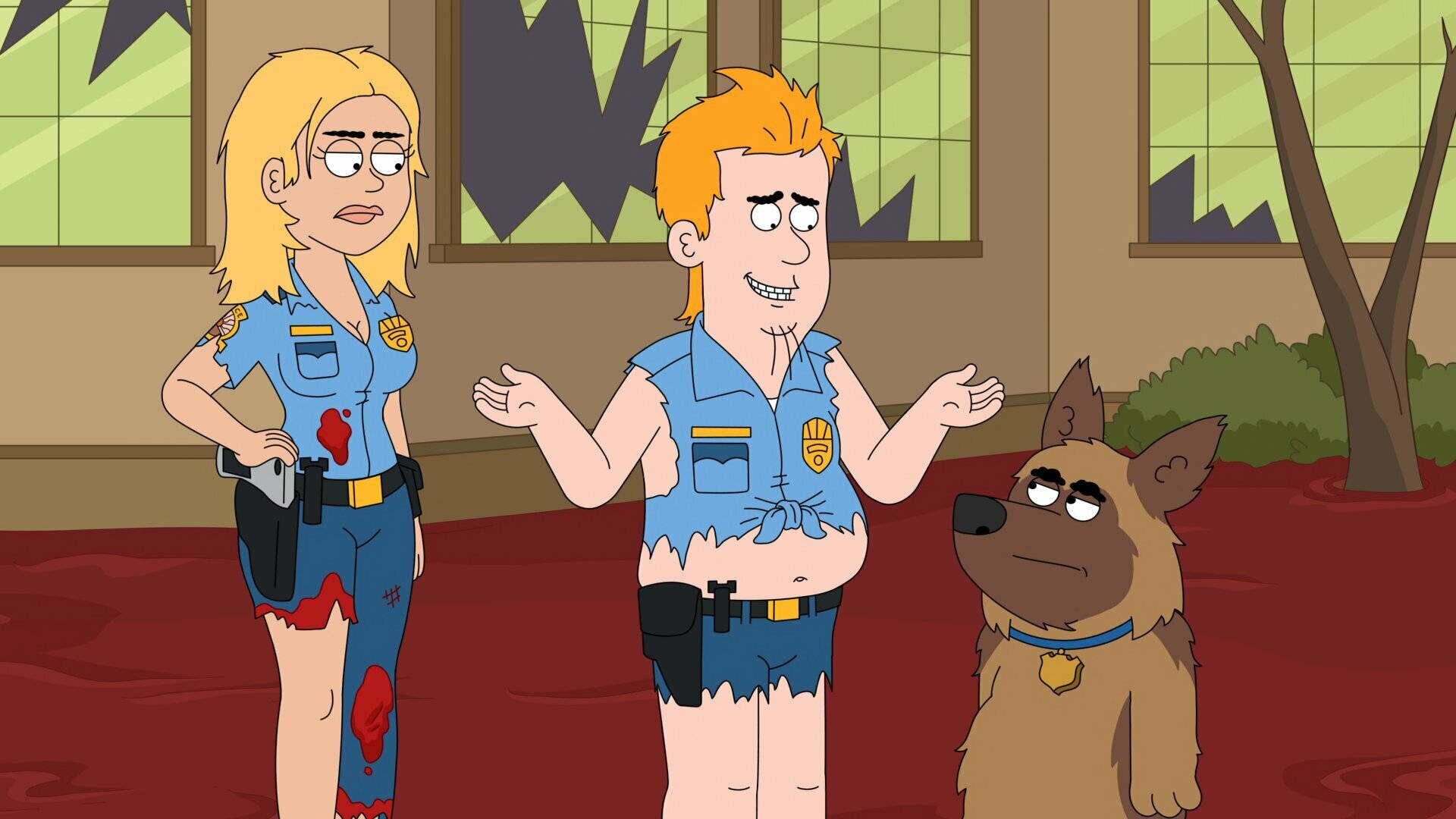 Cartoon Characters 桌布 壁紙 — 兩名卡通警察和一隻狗站在一個淹水的房間裡，窗戶破損，制服上有血跡。