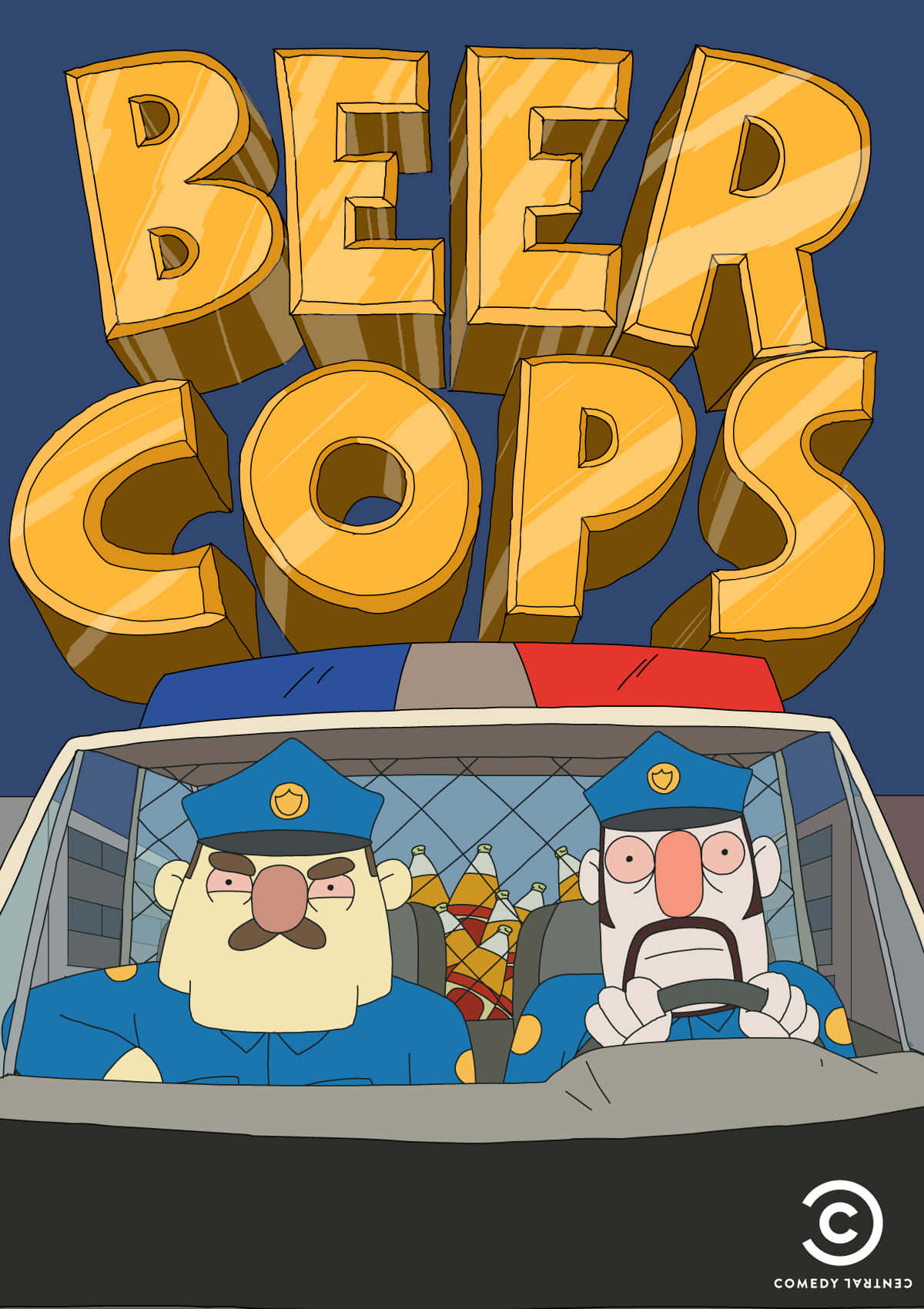 Animated 桌布 壁紙 — 兩名卡通警察在巡邏車內，上方有巨大的金色「BEER COPS」字樣，背景為深藍色。