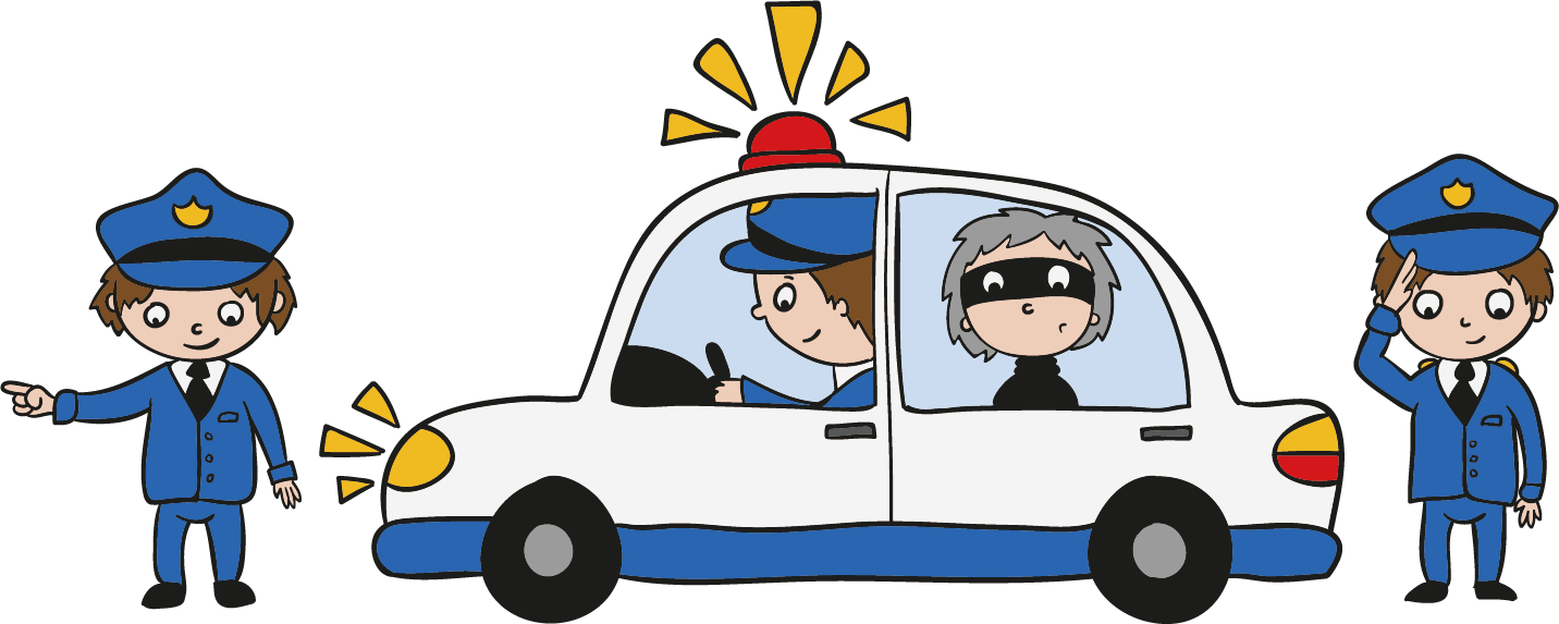 Police Car 桌布 壁紙 — 兩名卡通警察站在一輛白色警車兩側，乘客座位上有一名小偷，車頂有閃爍的紅燈。