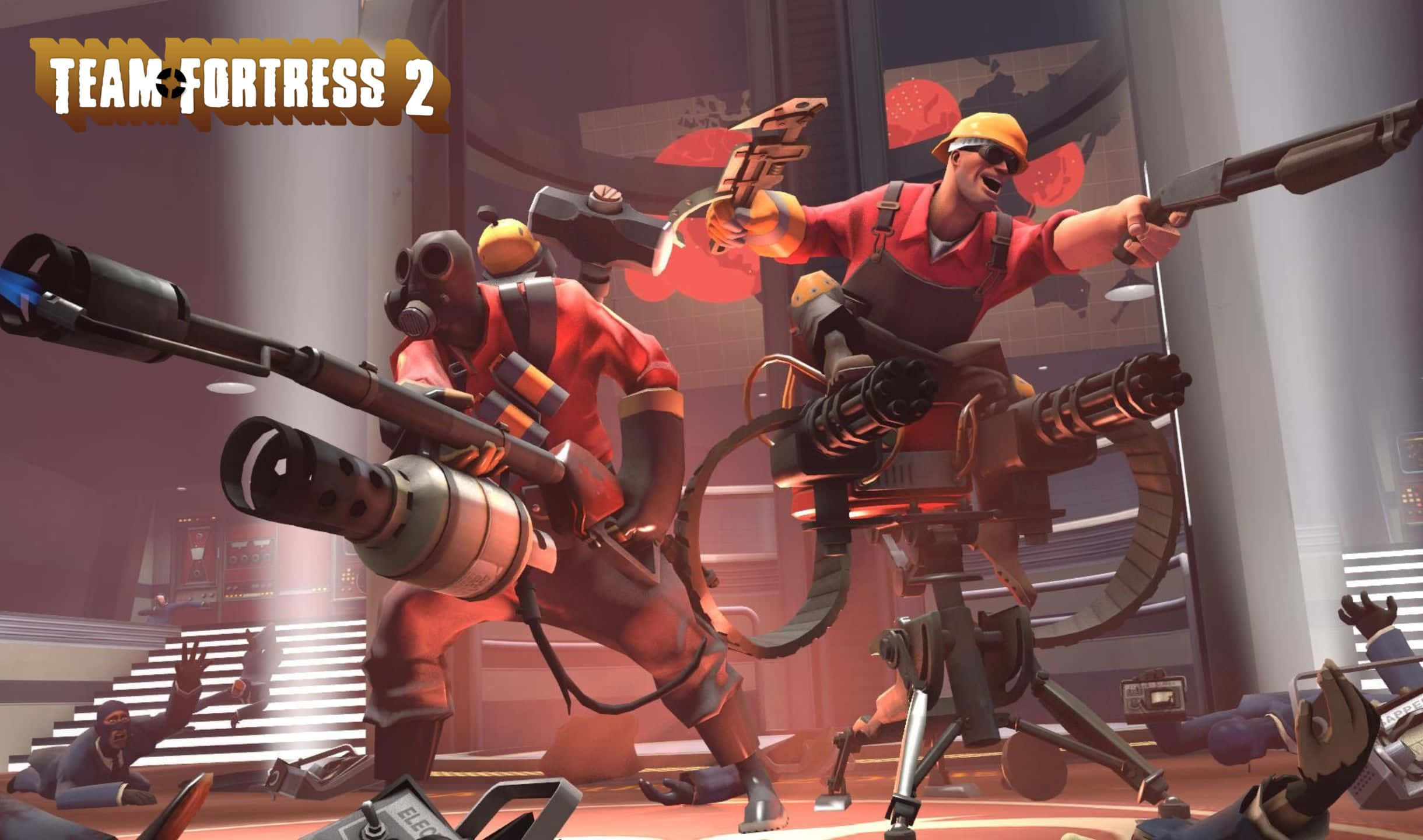 2440x1440 Tf2 桌布 壁紙 — 兩名卡通風格士兵身穿紅色裝備，在未來風格的室內戰鬥場景中發射重型武器。