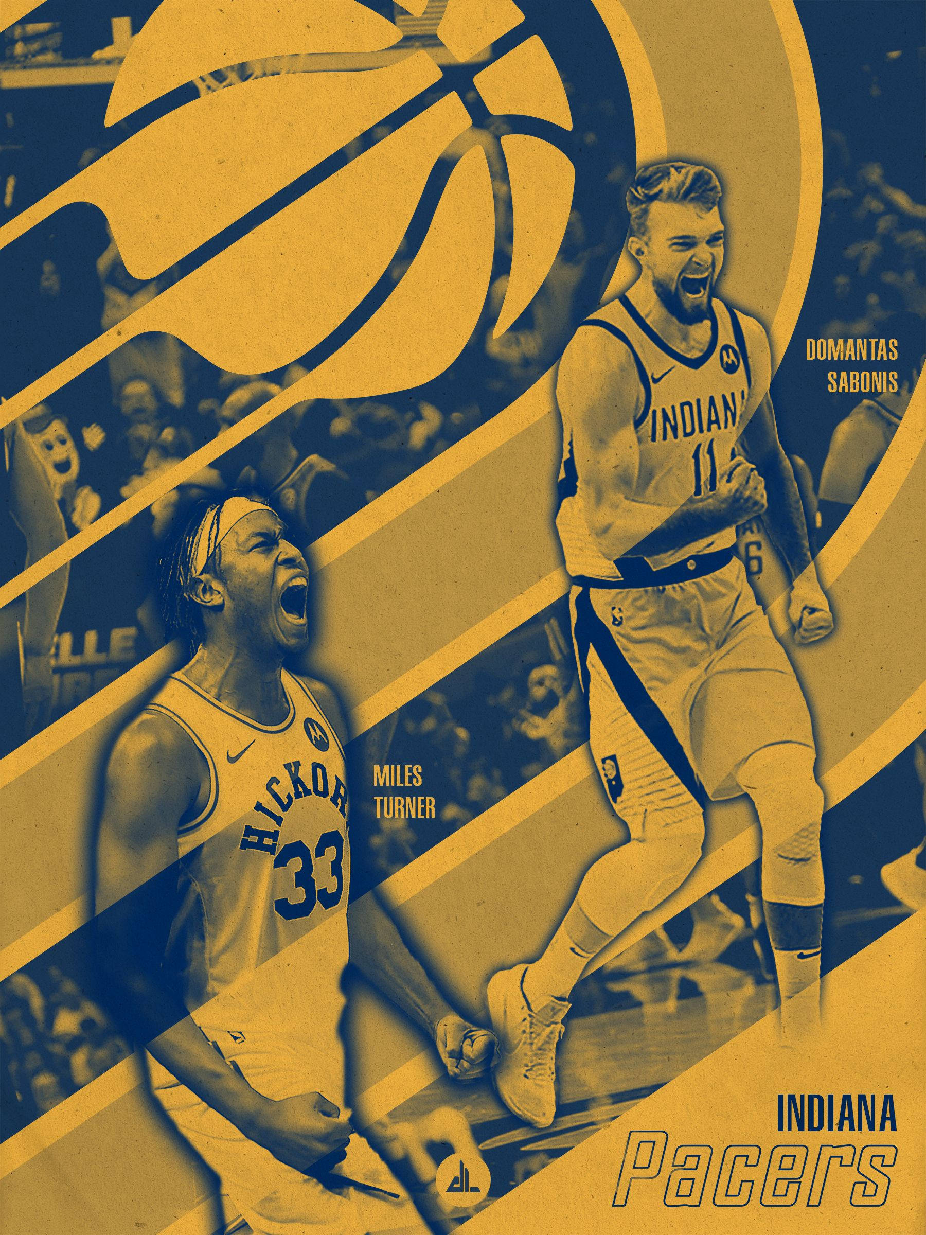 domantas sabonis 桌布 壁紙 — 兩名印第安納溜馬籃球運動員在一個風格化的黃藍色圖形設計中慶祝，帶有動態的對角線。
