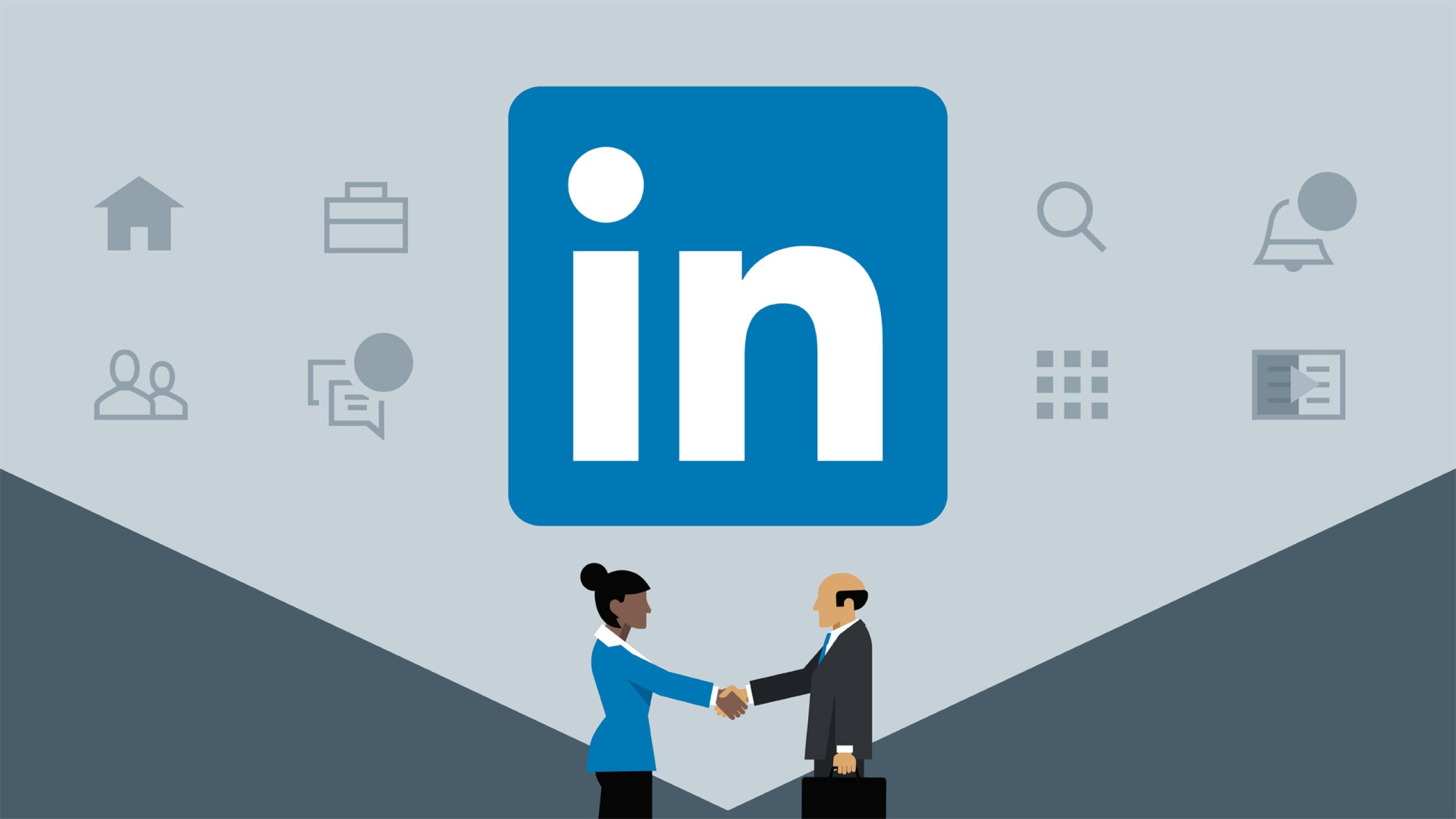 Linkedin 桌布 壁紙 — 兩名商業專業人士在一個大型 LinkedIn 標誌下握手，周圍環繞著專業圖標。