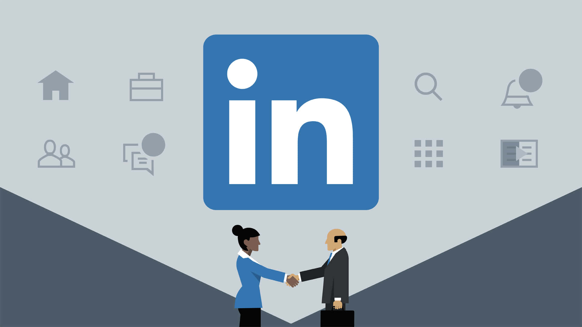 Linkedin Logo 桌布 壁紙 — 兩名商業專業人士在一個大型 LinkedIn 標誌下握手，周圍環繞著專業圖標。
