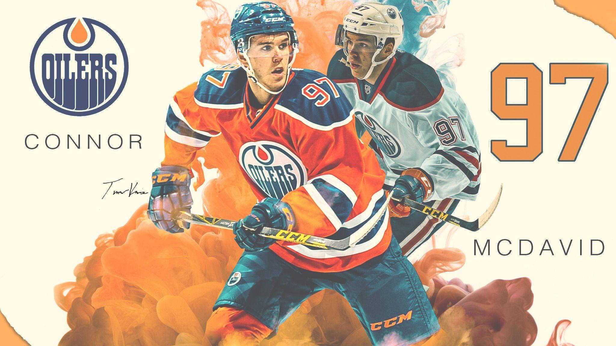 hockey 桌布 壁紙 — 兩名埃德蒙頓油人冰球球員擺出動作姿勢，周圍有火熱的橙色煙霧旋轉。