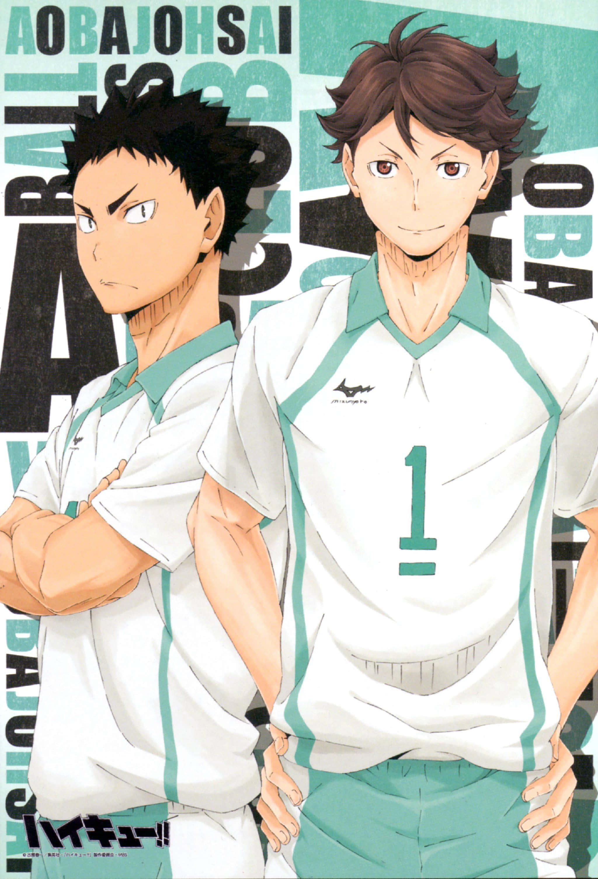 Aoba Johsai 桌布 壁紙 — 兩名堅定的動漫排球運動員身穿白色和青綠色制服，自信地站在大膽的圖形背景前。