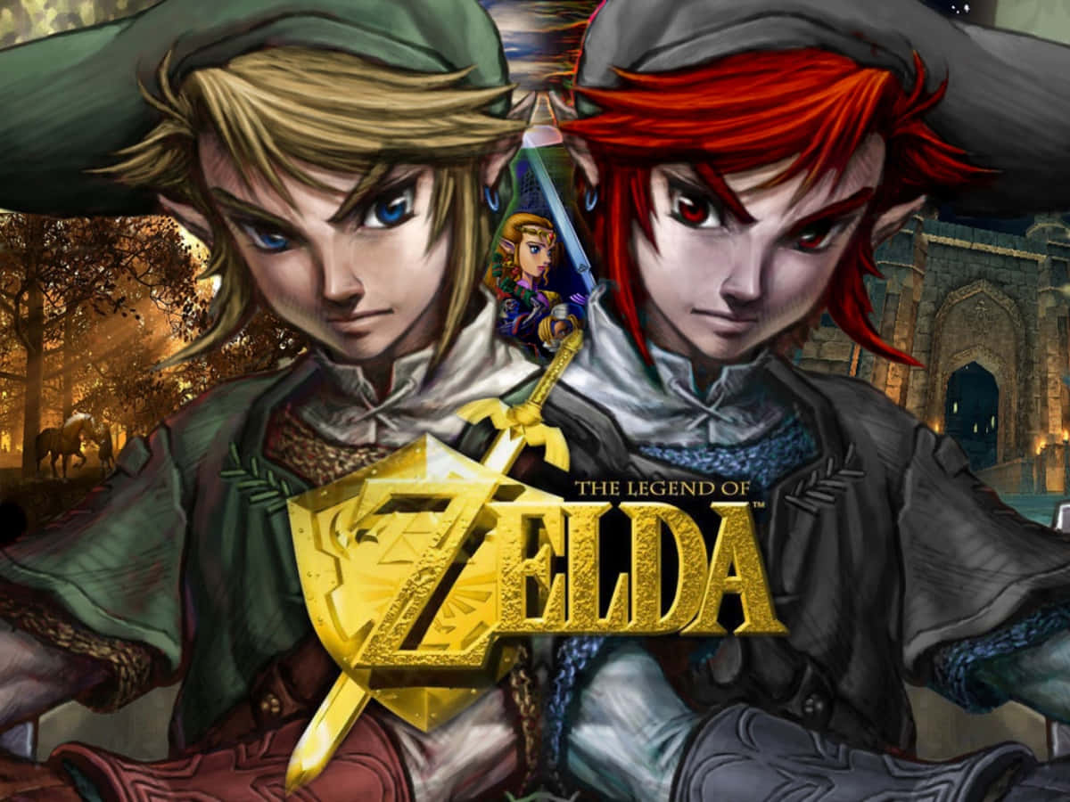 The Legend Of Zelda Characters 桌布 壁紙 — 兩名堅定的精靈般戰士在暮色城堡背景下夾著一個金色的薩爾達標誌。