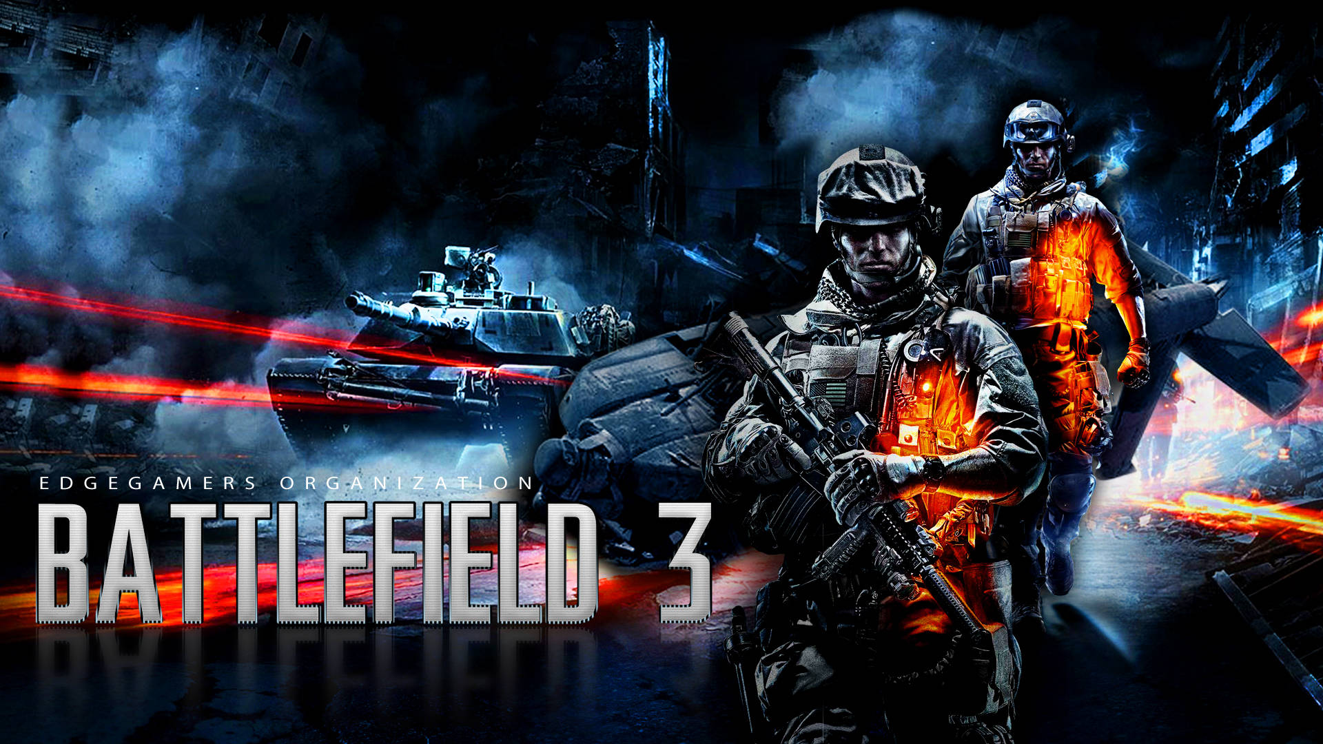 Battlefield 3 桌布 壁紙 — 兩名士兵和一輛坦克在煙霧瀰漫的廢墟城市中，於熾熱的爆炸和霓虹燈光下戰鬥。
