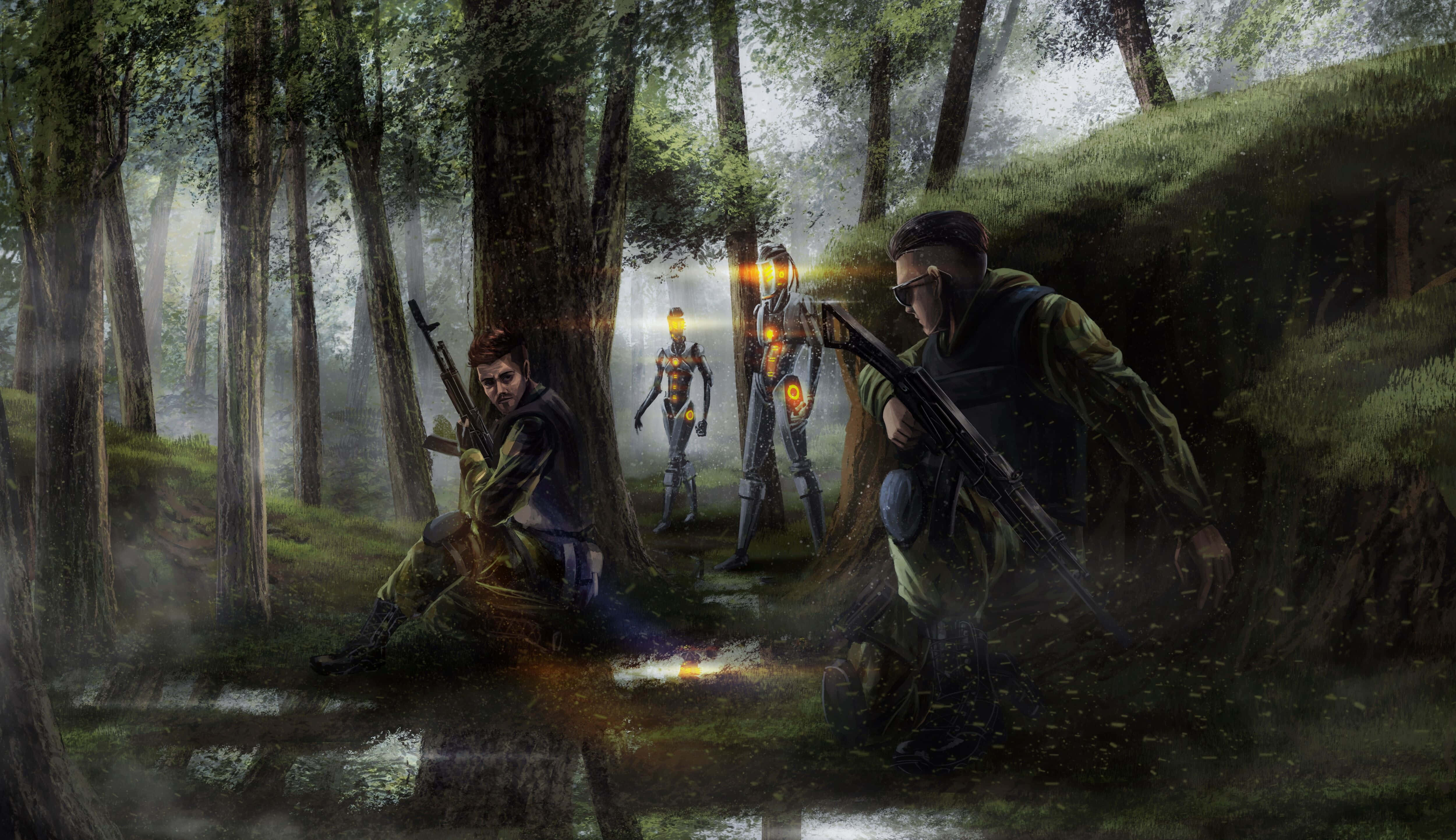 Survival Games 桌布 壁紙 — 兩名士兵和兩個發光機器人在迷霧森林中手持武器前進。