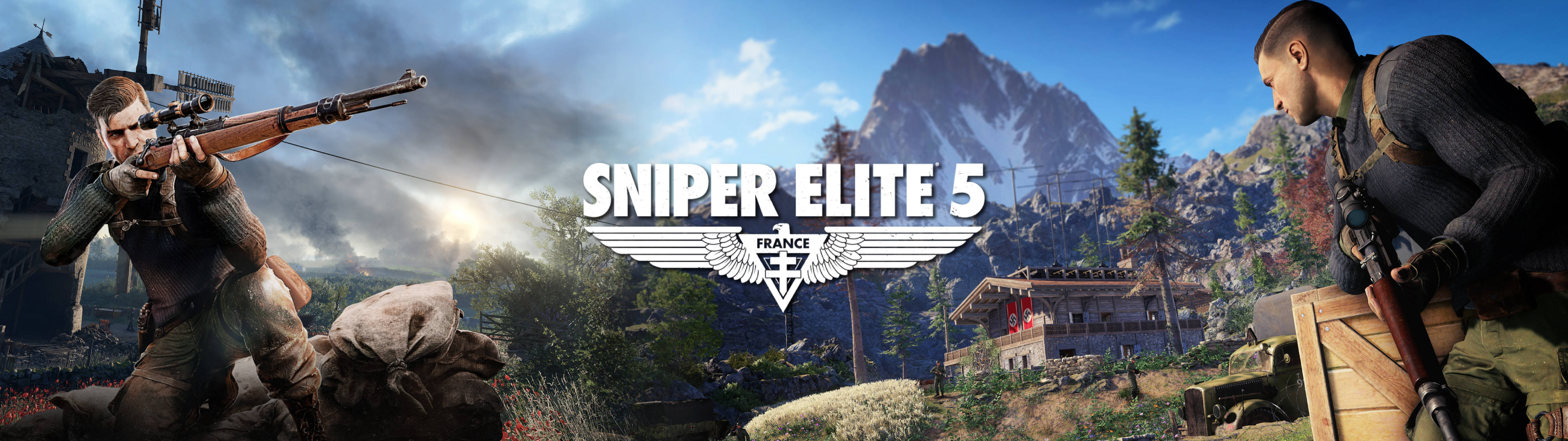 5120x1440 gaming 桌布 壁紙 — 兩名士兵在一個多山的法國村莊中，在明亮的藍天下進行緊張的狙擊對峙。