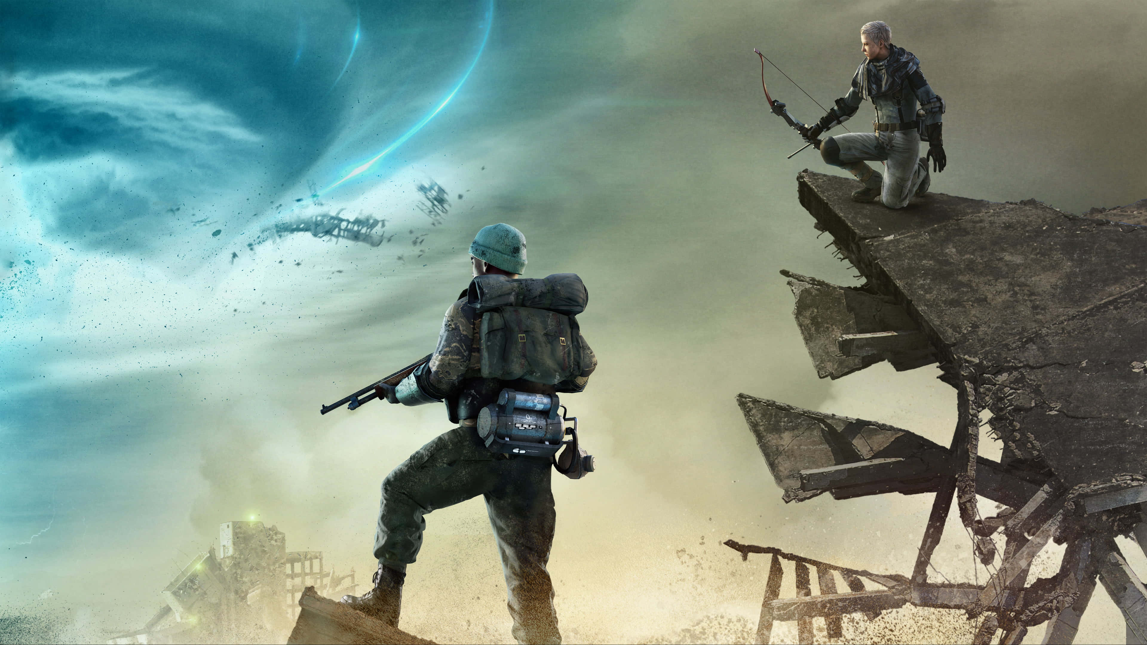 Survival Games 桌布 壁紙 — 兩名士兵在旋轉的外星天空下穿越廢墟戰場，上方有一顆發光的行星。